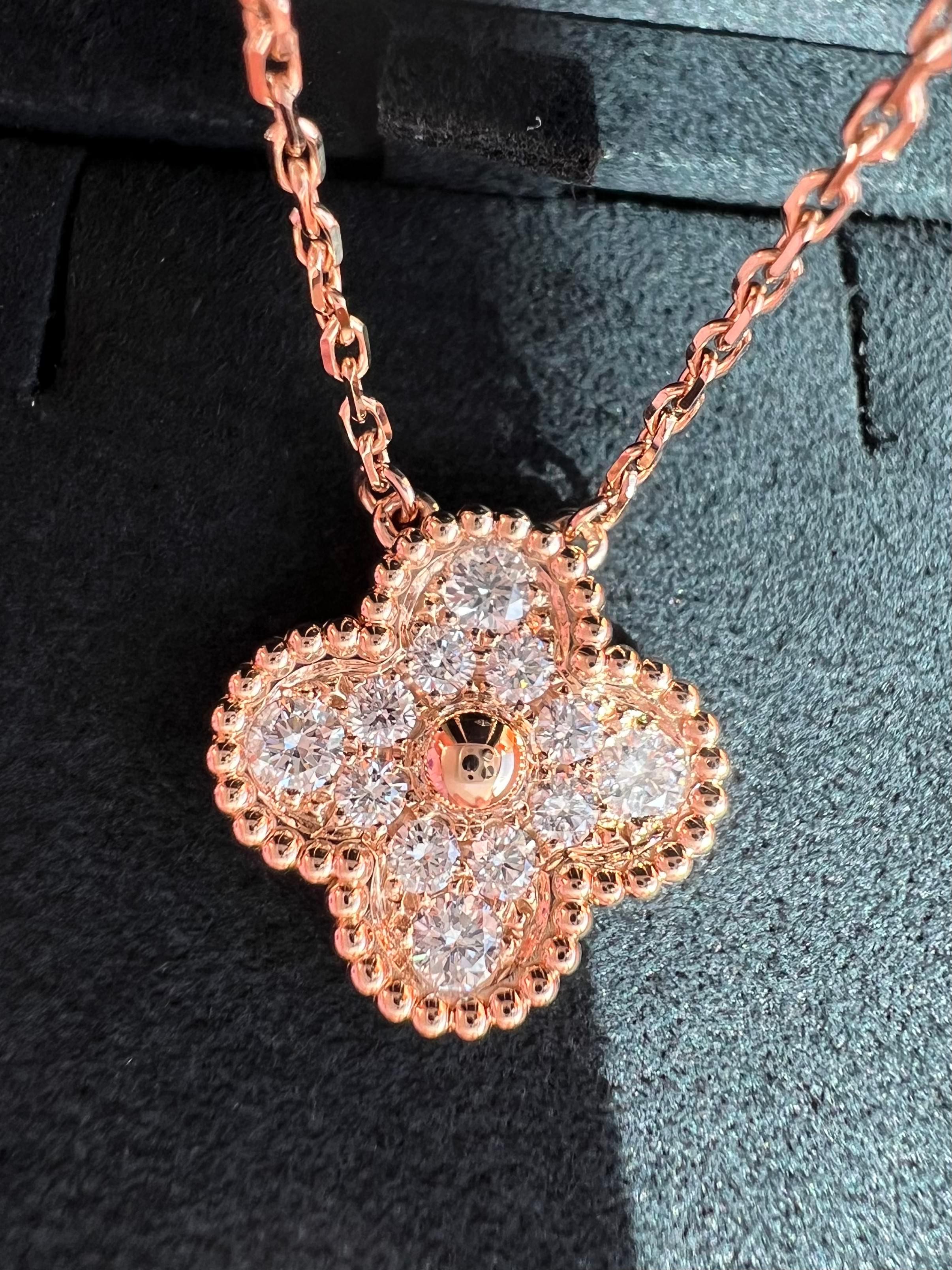 Van Cleef & Arpels Vintage Alhambra Diamond Pendant Necklace, Rose Gold 4