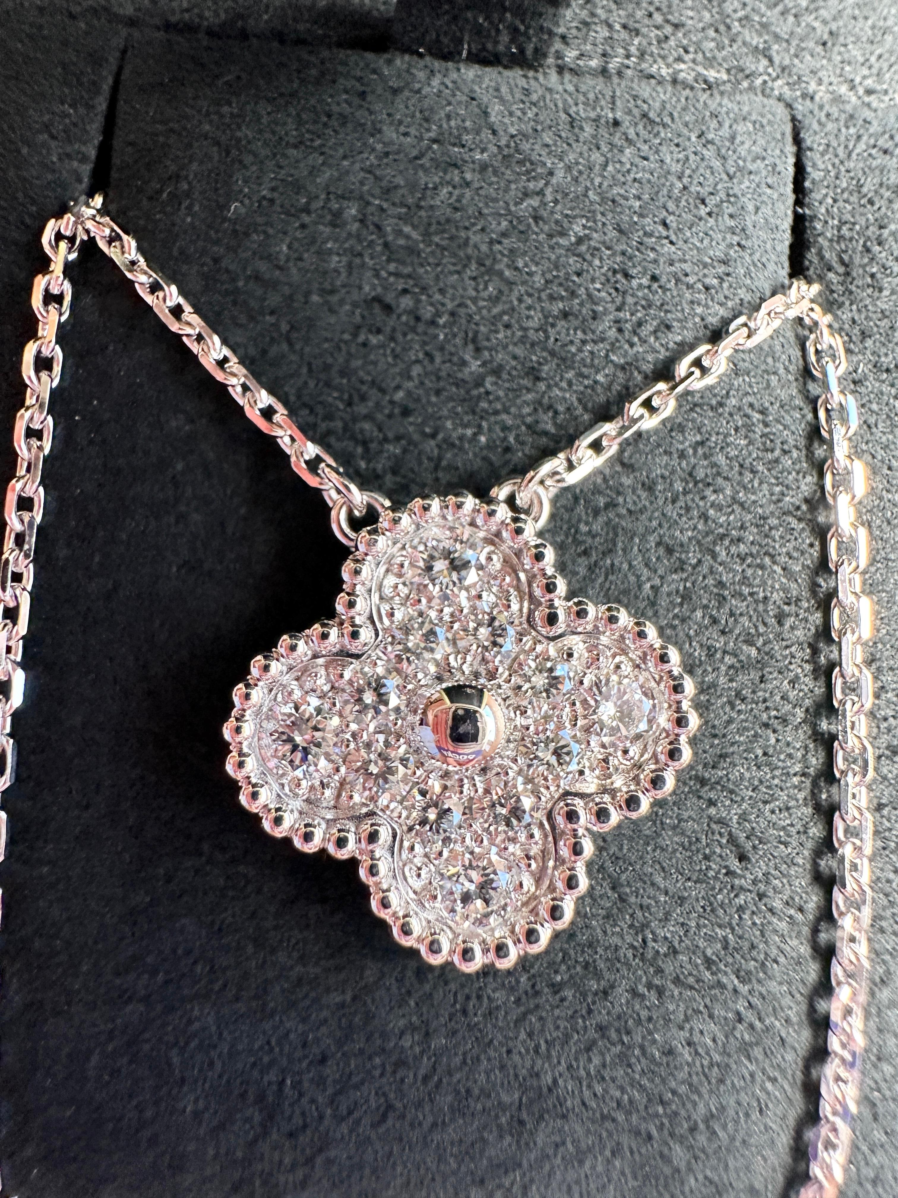 Round Cut Van Cleef & Arpels Vintage Alhambra Diamond Pendant Necklace, White Gold