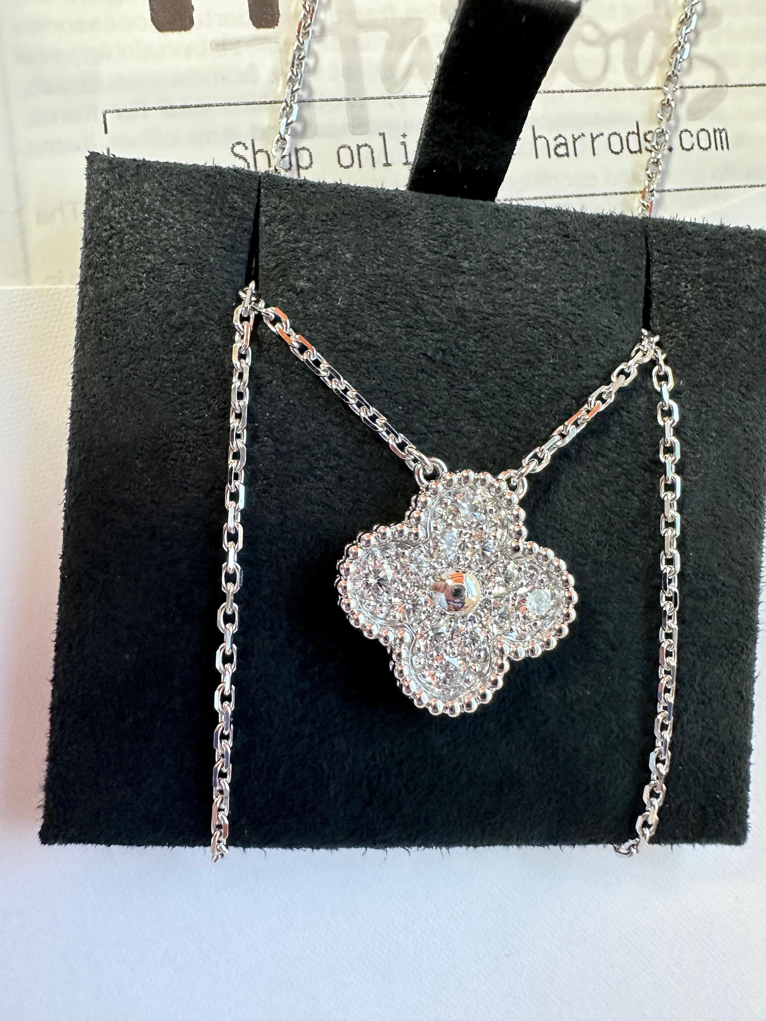 Van Cleef & Arpels Vintage Alhambra Diamond Pendant Necklace, White Gold In Excellent Condition In Tucson, AZ