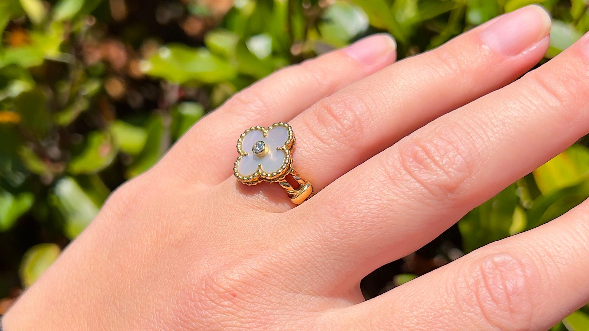 Contemporary Van Cleef & Arpels Vintage Alhambra Diamond Ring Mother-Of-Pearl Original Box