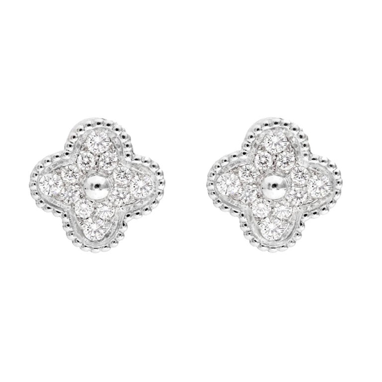 Van Cleef and Arpels Vintage Alhambra Diamond Stud Earrings in White Gold  at 1stDibs | alhambra diamond earrings, vca white gold earrings, van cleef  diamond earrings