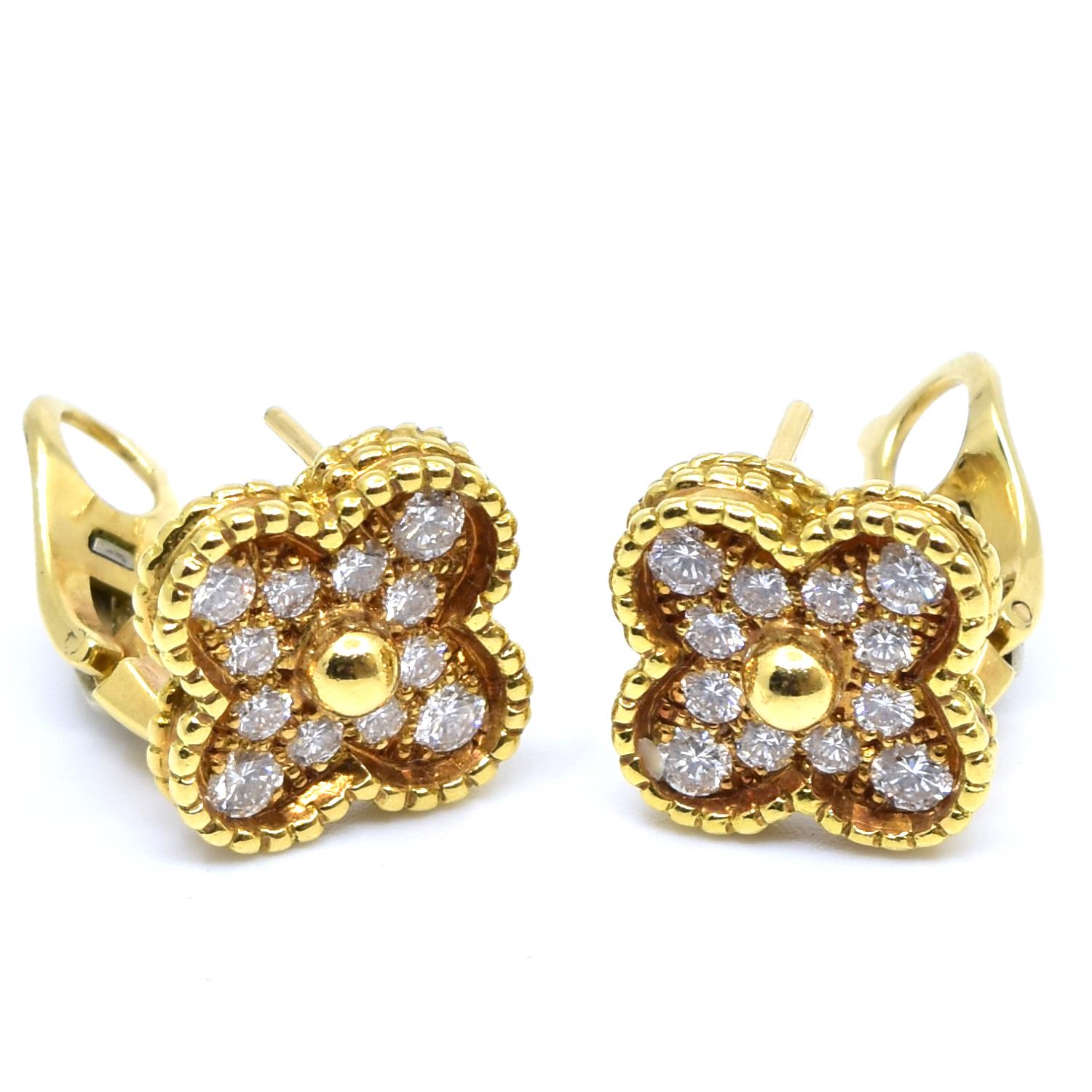 Designer: Van Cleef & Arpels

Collection: Vintage Alhambra

Style: Stud Earrings

Metal Type: Yellow Gold

Metal Purity: 18k​​​​​​​

Stones: 24 Round Brilliant Cut Diamonds

Diamond Color: D E F

Diamond Clarity: IF to VVS​​​​​​​

​Includes: VCA