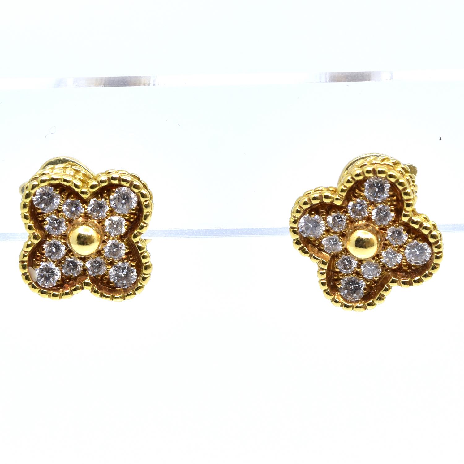 Van Cleef & Arpels Vintage Alhambra Diamond Stud Earrings in Yellow Gold In Excellent Condition In Miami, FL