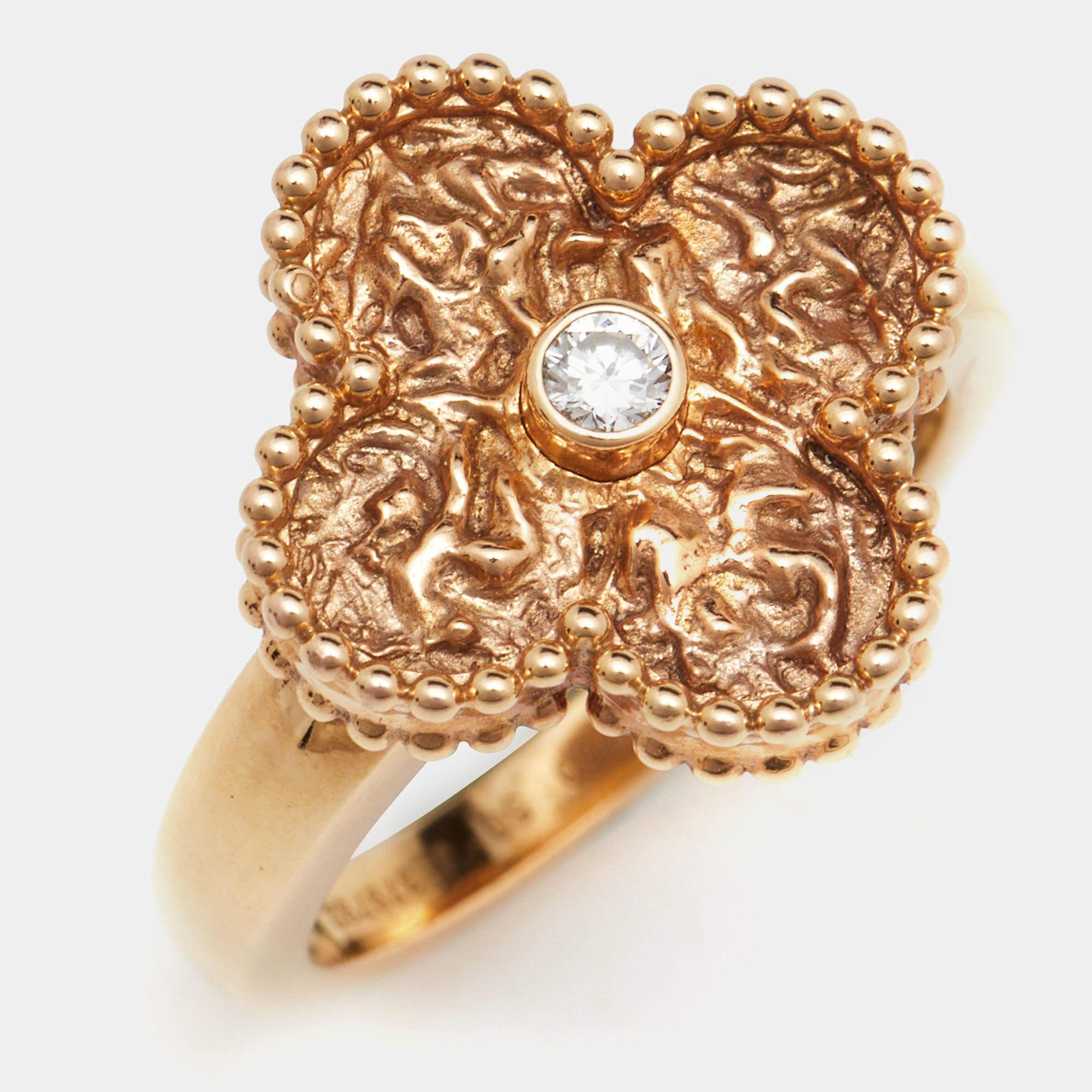 Rose Cut Van Cleef & Arpels Vintage Alhambra Diamond Textured 18k Rose Gold Ring Size 50