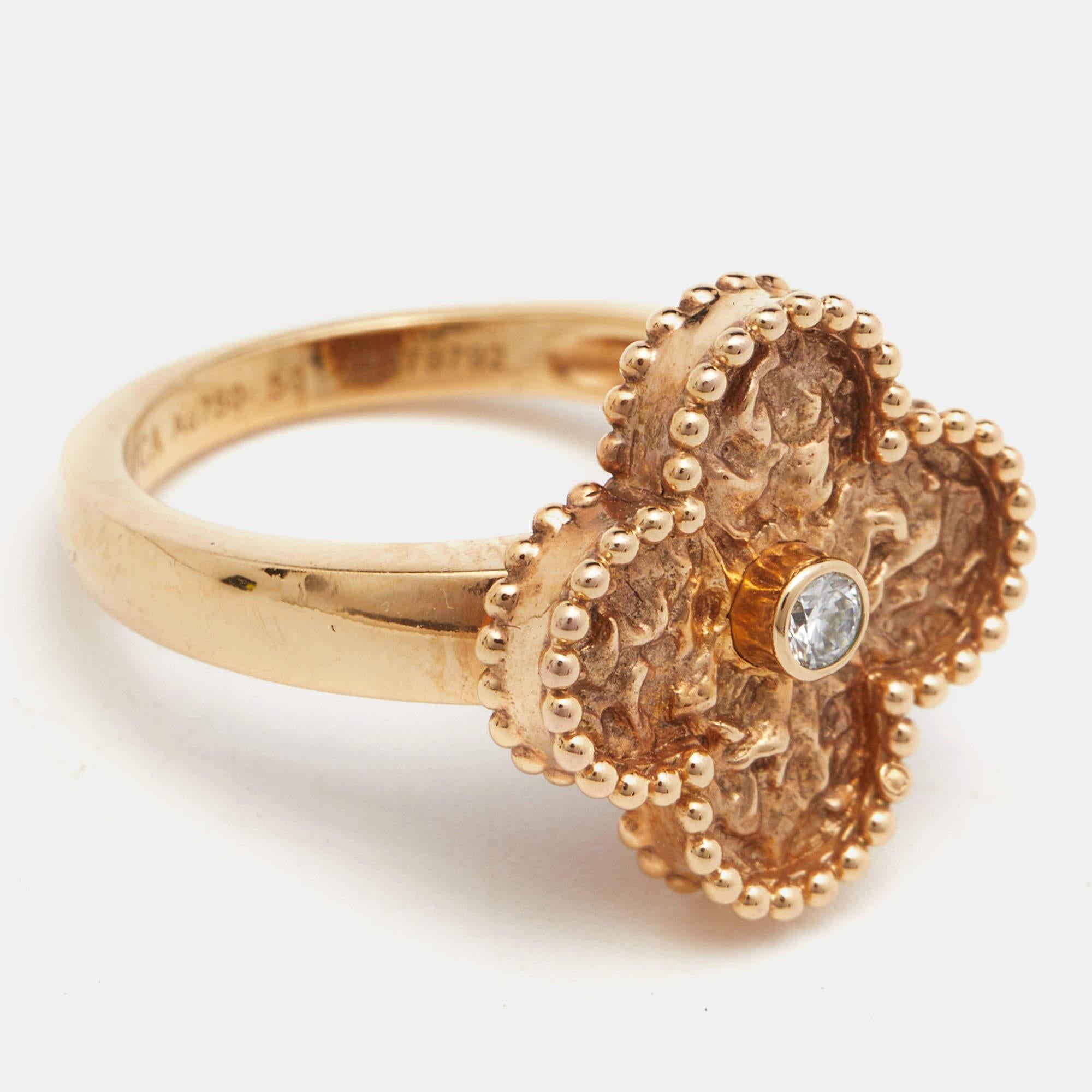 Women's Van Cleef & Arpels Vintage Alhambra Diamond Textured 18k Rose Gold Ring Size 50 For Sale