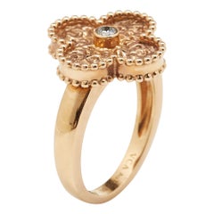 Van Cleef & Arpels Vintage Alhambra Diamond Textured 18k Rose Gold Ring Size 50