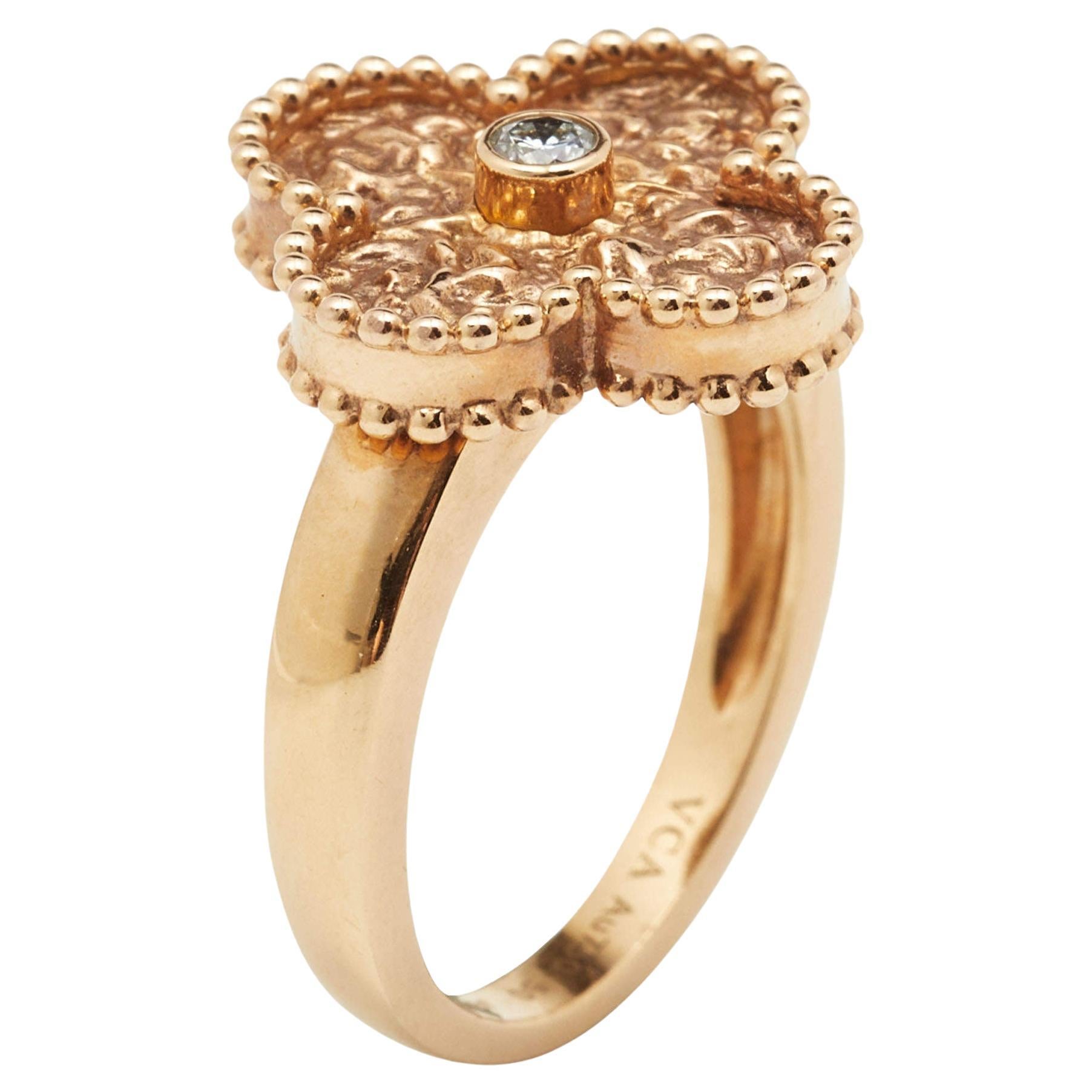 Van Cleef & Arpels Vintage Alhambra Diamond Textured 18k Rose Gold Ring Size 50 For Sale