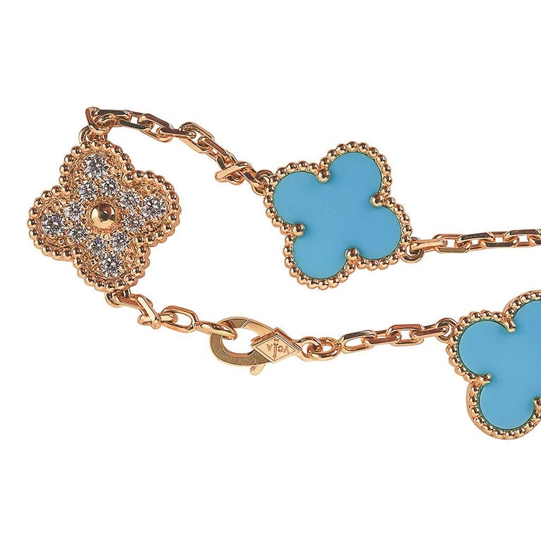 Van Cleef & Arpels Vintage Alhambra Diamond / Turquoise 20 Motif Necklace Ltd For Sale 5