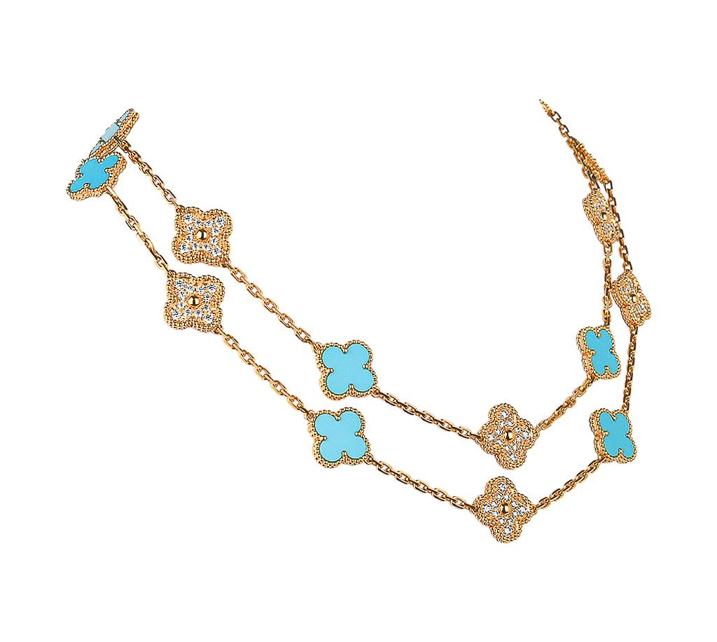 Mightychic offers a limited edition rare and highly collectible Van Cleef & Arpels Vintage Alhambra diamond and turquoise 20 Motif necklace.
Set in 18 Yellow Gold. 
Necklace can be worn as a single strand or doubled.
Signature stamps on necklace.