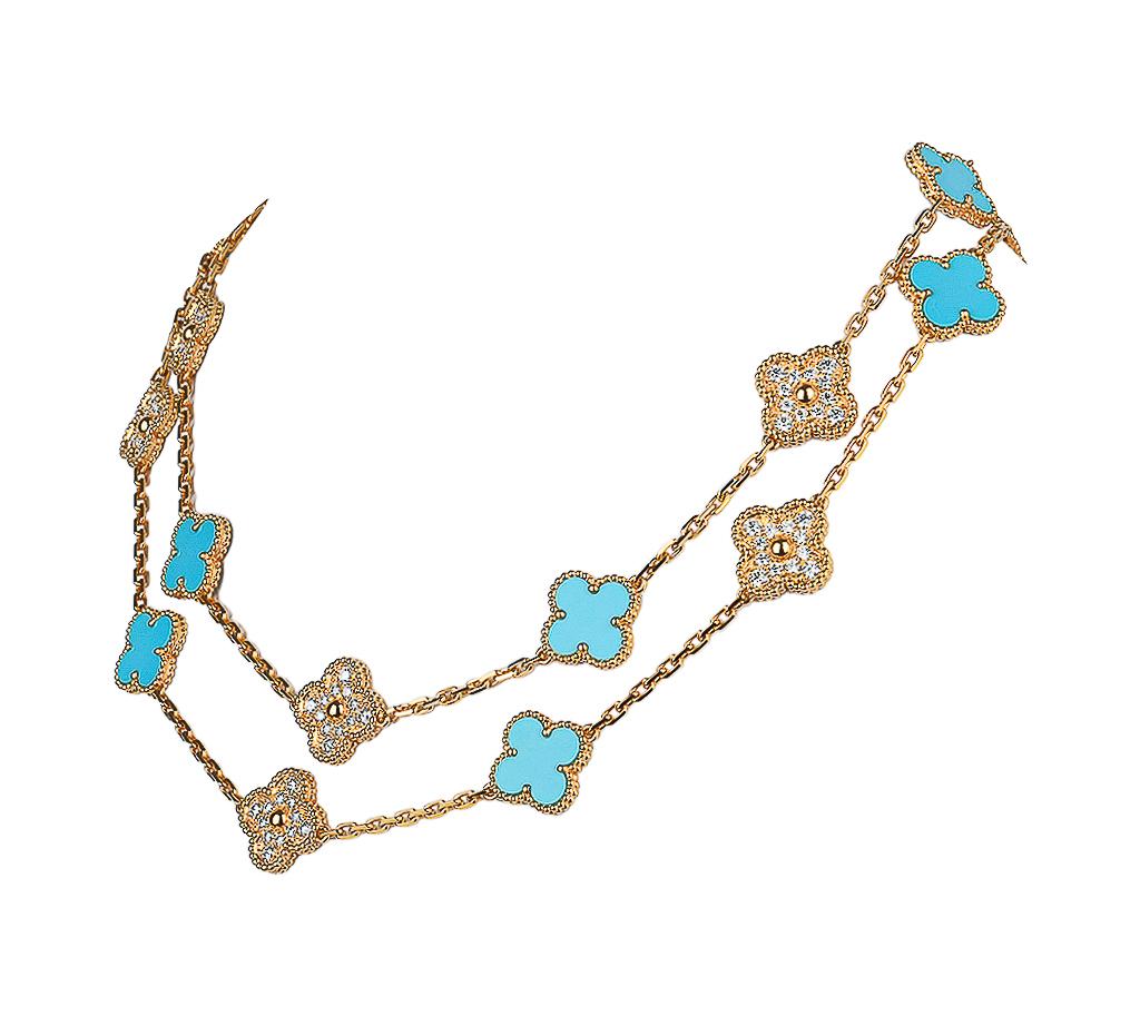 Van Cleef & Arpels Vintage Alhambra Halskette mit 20 Alhambra-Diamanten-/Türkis-Motiv, Vintage Ltd (Brillantschliff) im Angebot
