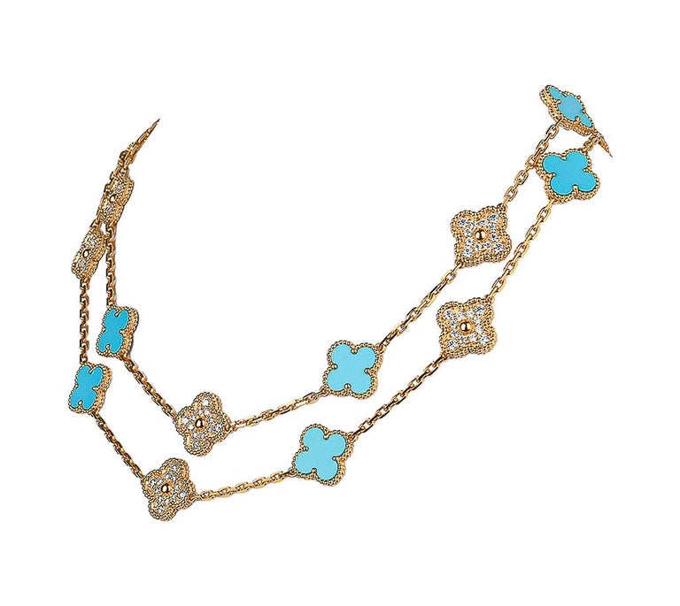 Brilliant Cut Van Cleef & Arpels Vintage Alhambra Diamond / Turquoise 20 Motif Necklace Ltd For Sale