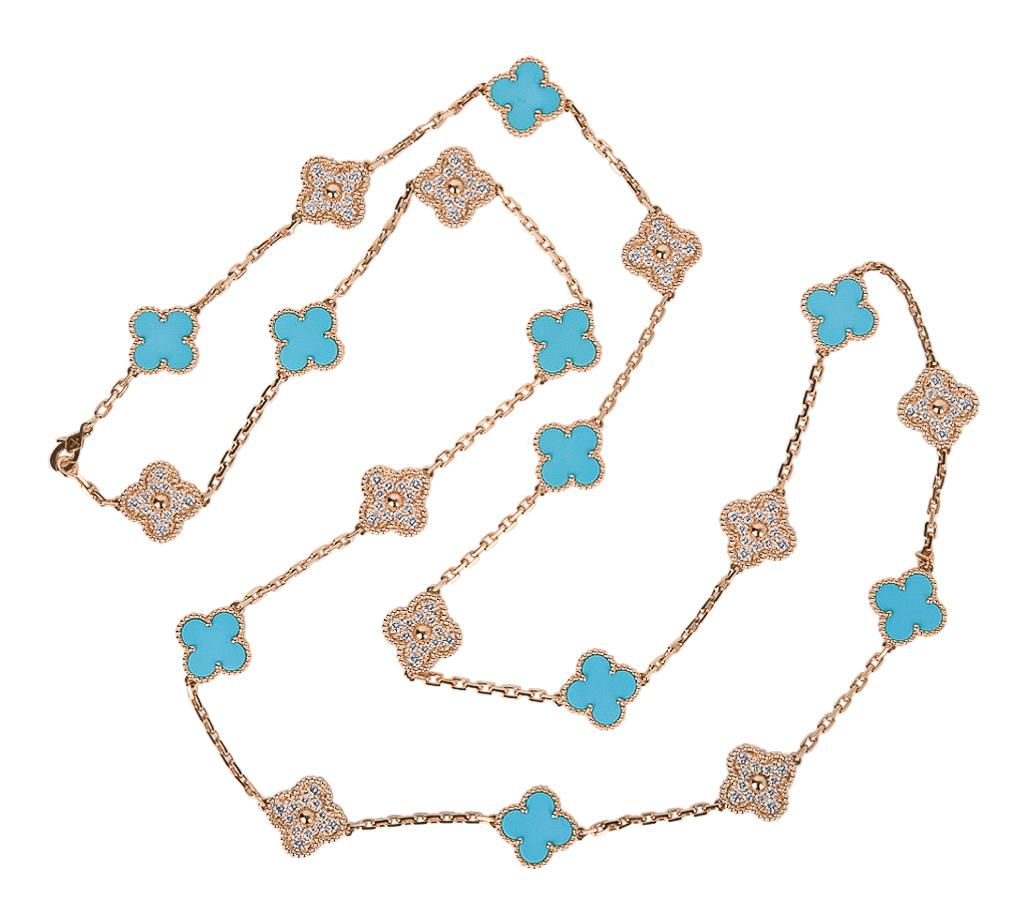 Van Cleef & Arpels Vintage Alhambra Halskette mit 20 Alhambra-Diamanten-/Türkis-Motiv, Vintage Ltd im Zustand „Neu“ im Angebot in Miami, FL
