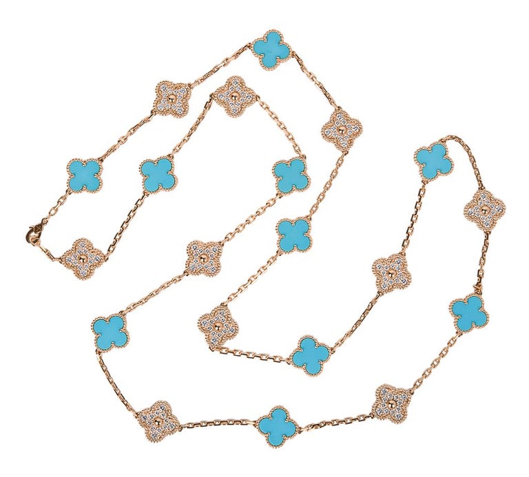 Van Cleef & Arpels Vintage Alhambra Diamond / Turquoise 20 Motif Necklace Ltd In New Condition For Sale In Miami, FL