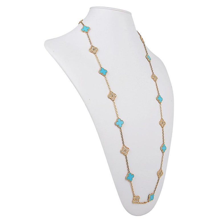 Van Cleef & Arpels Vintage Alhambra Diamond / Turquoise 20 Motif Necklace Ltd For Sale 1