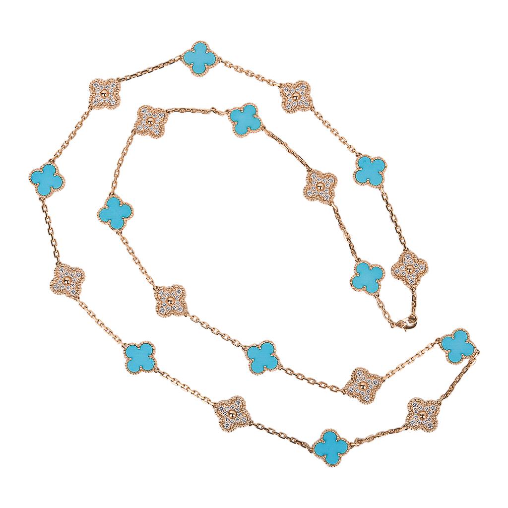 Van Cleef & Arpels Vintage Alhambra Diamond / Turquoise 20 Motif Necklace Ltd In New Condition For Sale In Miami, FL
