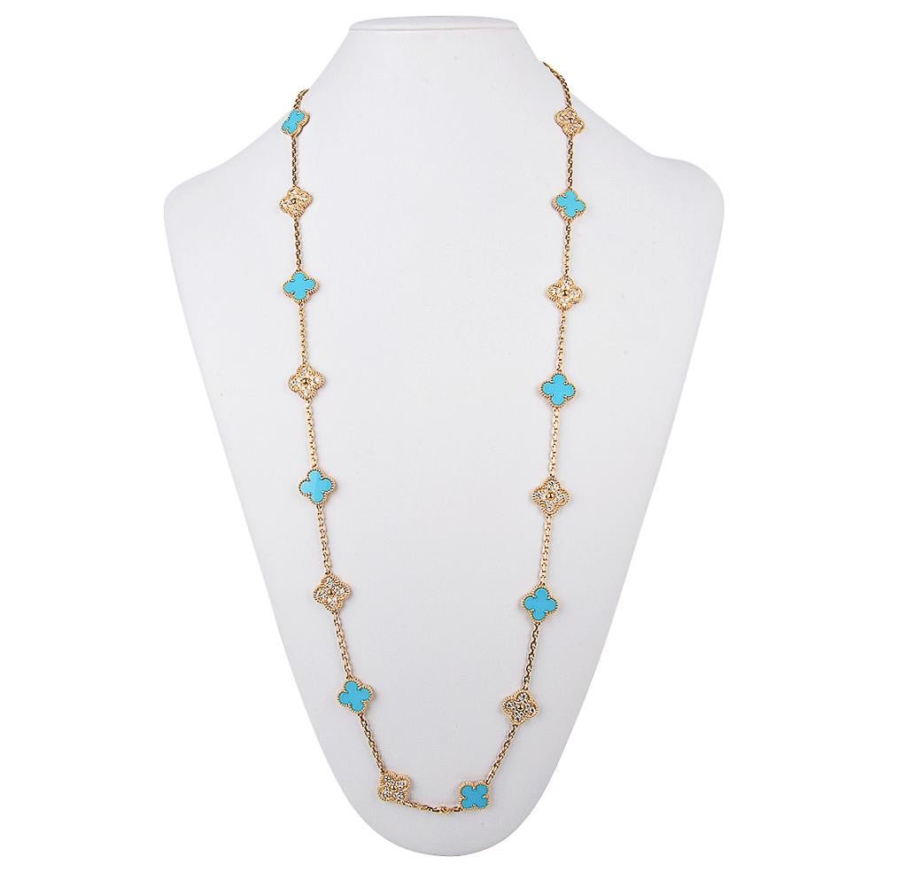 Women's Van Cleef & Arpels Vintage Alhambra Diamond / Turquoise 20 Motif Necklace Ltd For Sale