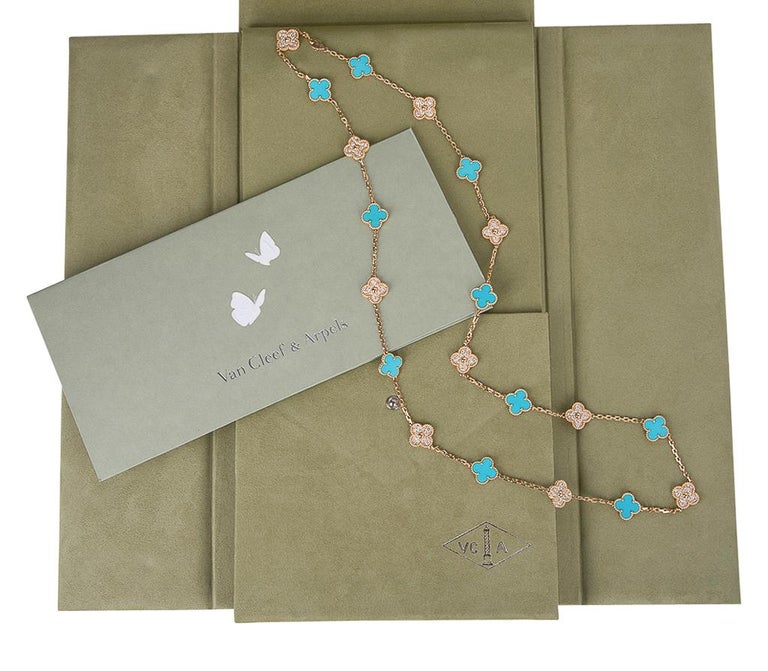 Van Cleef & Arpels Vintage Alhambra Diamond / Turquoise 20 Motif Necklace Ltd For Sale 4