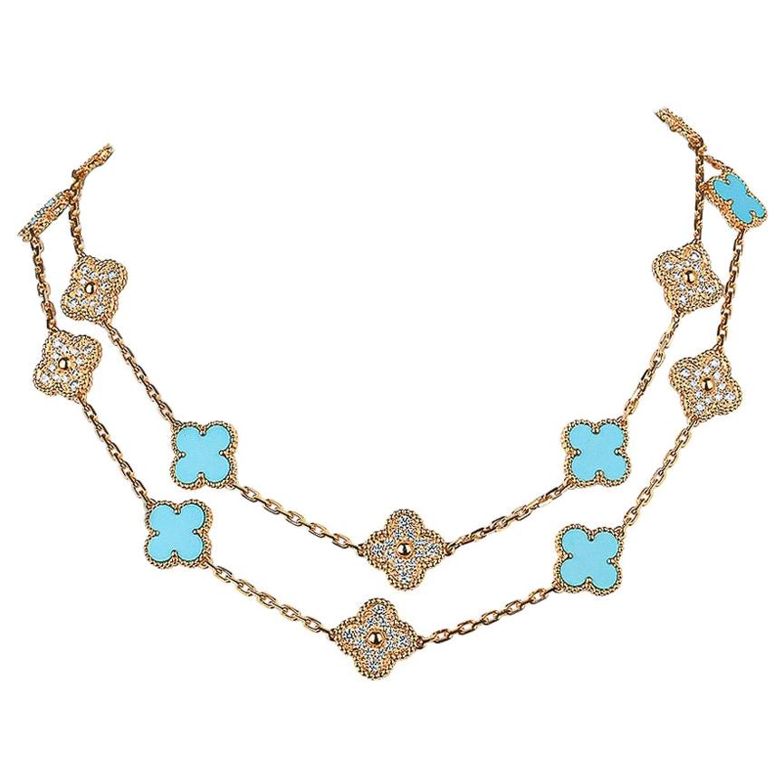Van Cleef & Arpels Vintage Alhambra Diamond / Turquoise 20 Motif Necklace New