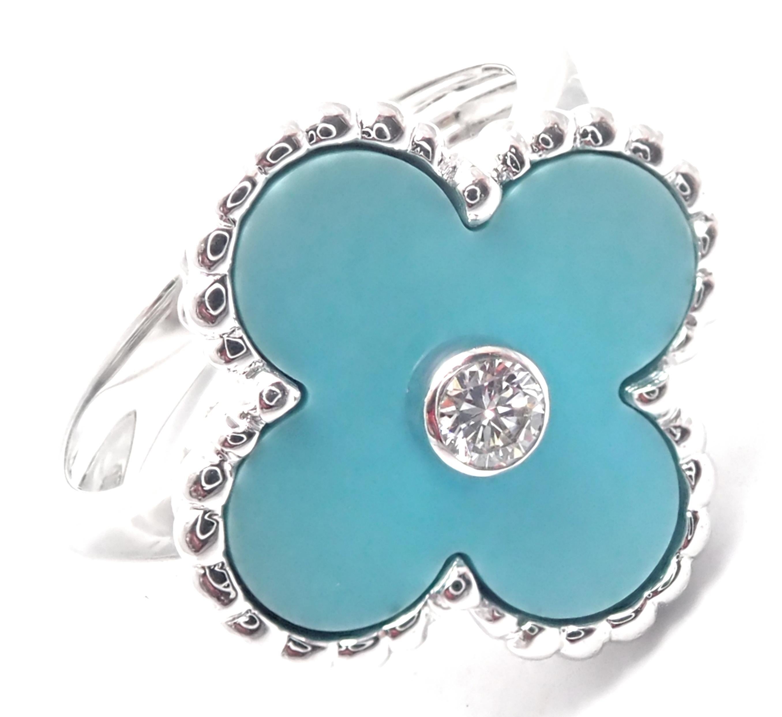 Van Cleef & Arpels Vintage Alhambra 18k White Gold Diamond Turquoise Ring.
With 1 Round brilliant cut diamond .06ct F/VS1
Alhambra cut turquoise.
This ring comes with service paper from Van Cleef & Arpels store.
Details:
Size European 49, US 4