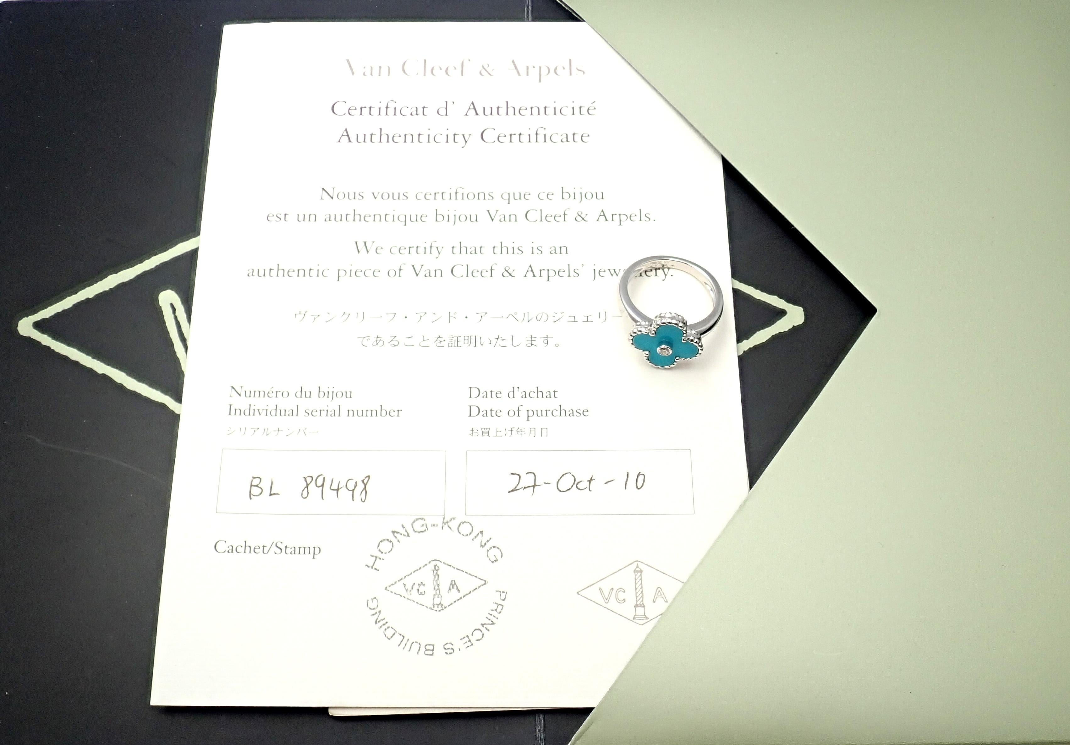 Van Cleef & Arpels Vintage Alhambra 18k White Gold Diamond Turquoise Ring.
With 1 Round brilliant cut diamond .06ct F/VS1
Alhambra cut turquoise.
This ring comes with certificate of authenticity from Van Cleef & Arpels store.
Details:
Size: European