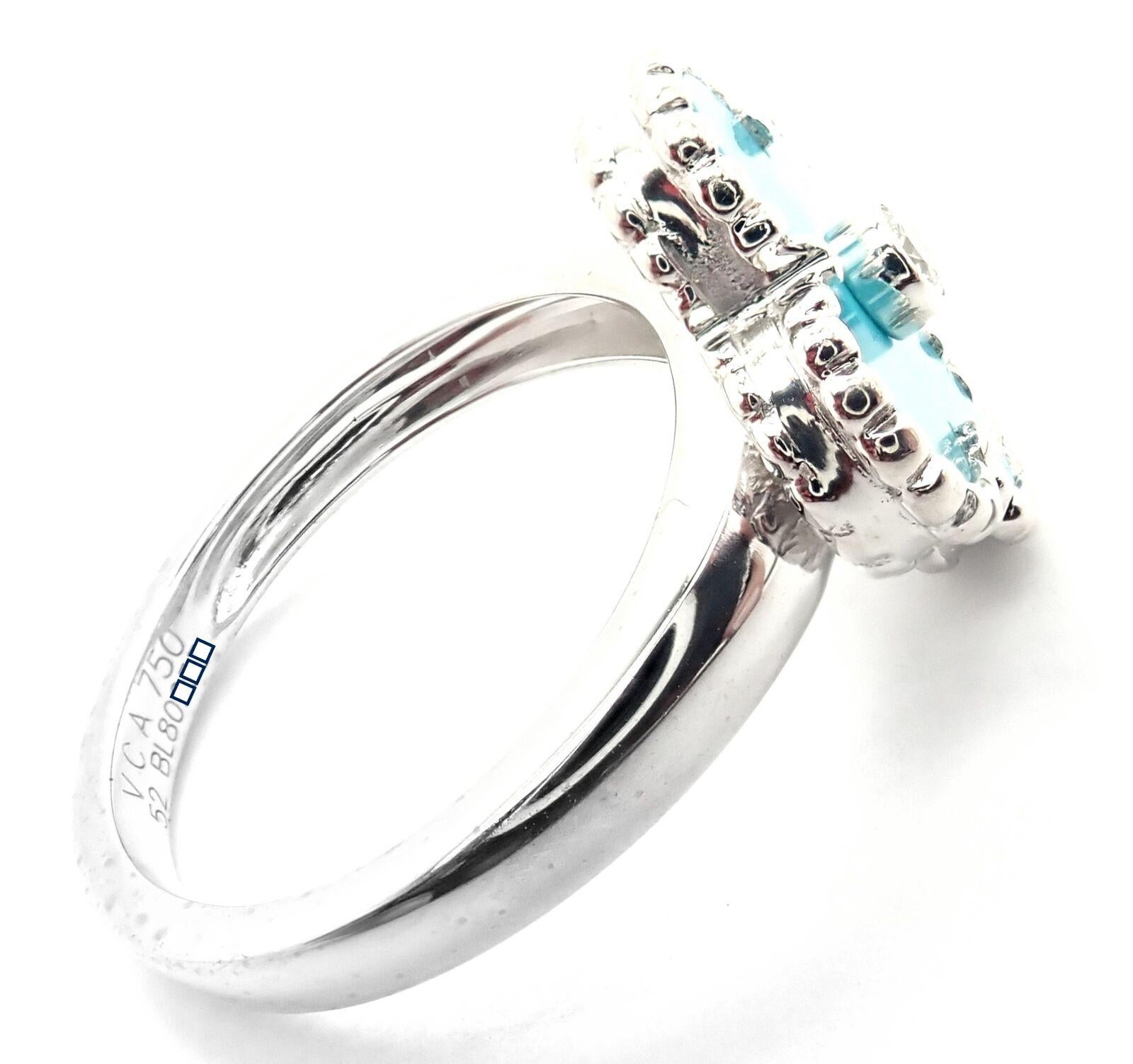 Van Cleef & Arpels Vintage Alhambra 18k White Gold Diamond Turquoise Ring.
With 1 Round brilliant cut diamond .06ct F/VS1
Alhambra cut turquoise.
This ring comes with service paper from Van Cleef & Arpels store and a box.Details:
Size: European 52,