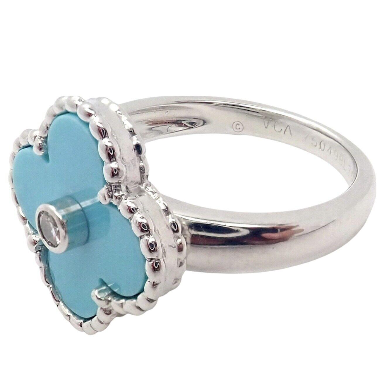 Van Cleef & Arpels Vintage Alhambra 18k White Gold Diamond Turquoise Ring.
With 1 Round brilliant cut diamond .06ct F/VS1
Alhambra cut turquoise.
1 Alhambra shape turquoise stone 15mm
1 round brilliant cut diamond VS1 clarity, E color total weight