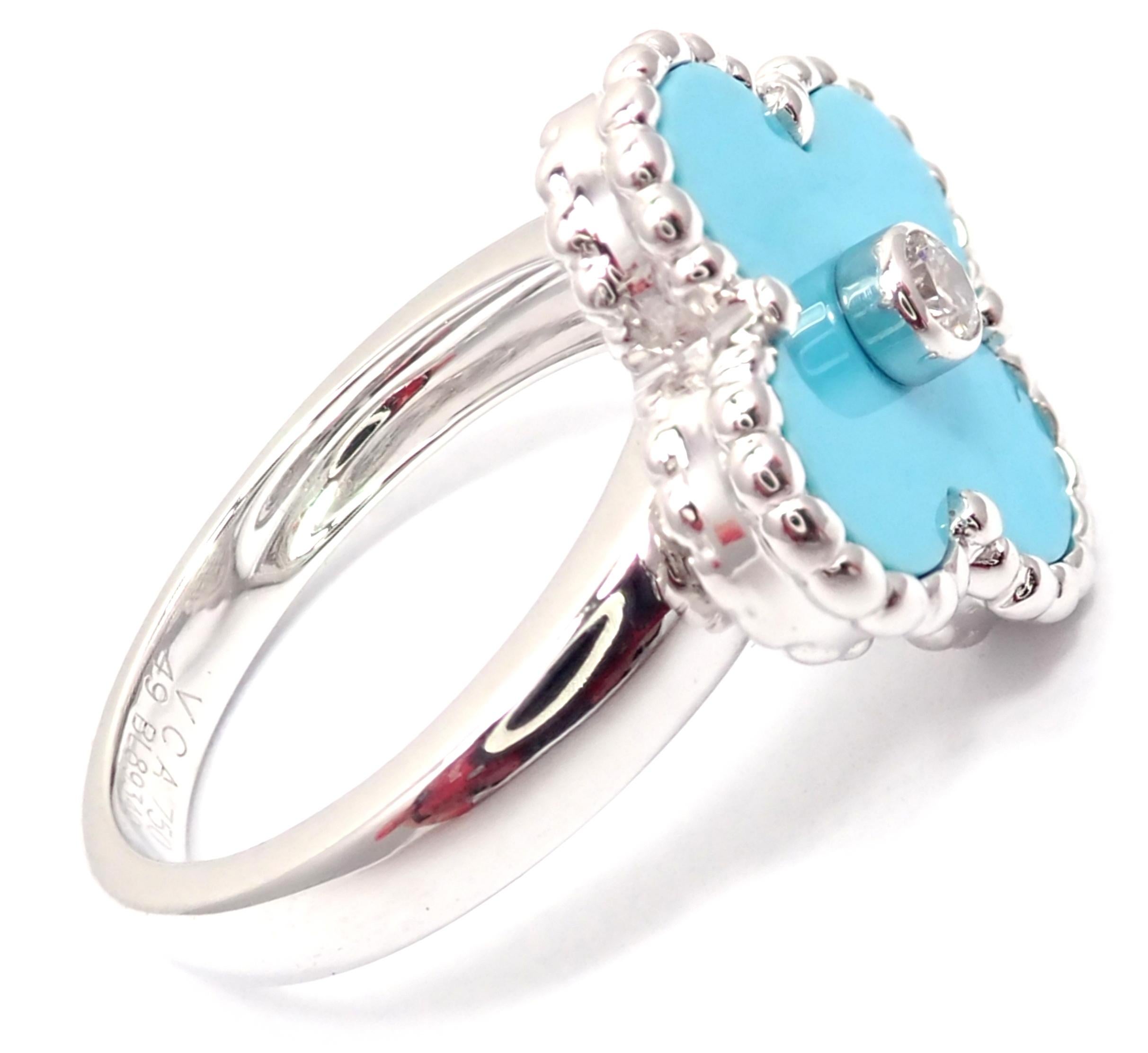 Van Cleef & Arpels Vintage Alhambra Diamond Turquoise White Gold Ring In Excellent Condition In Holland, PA