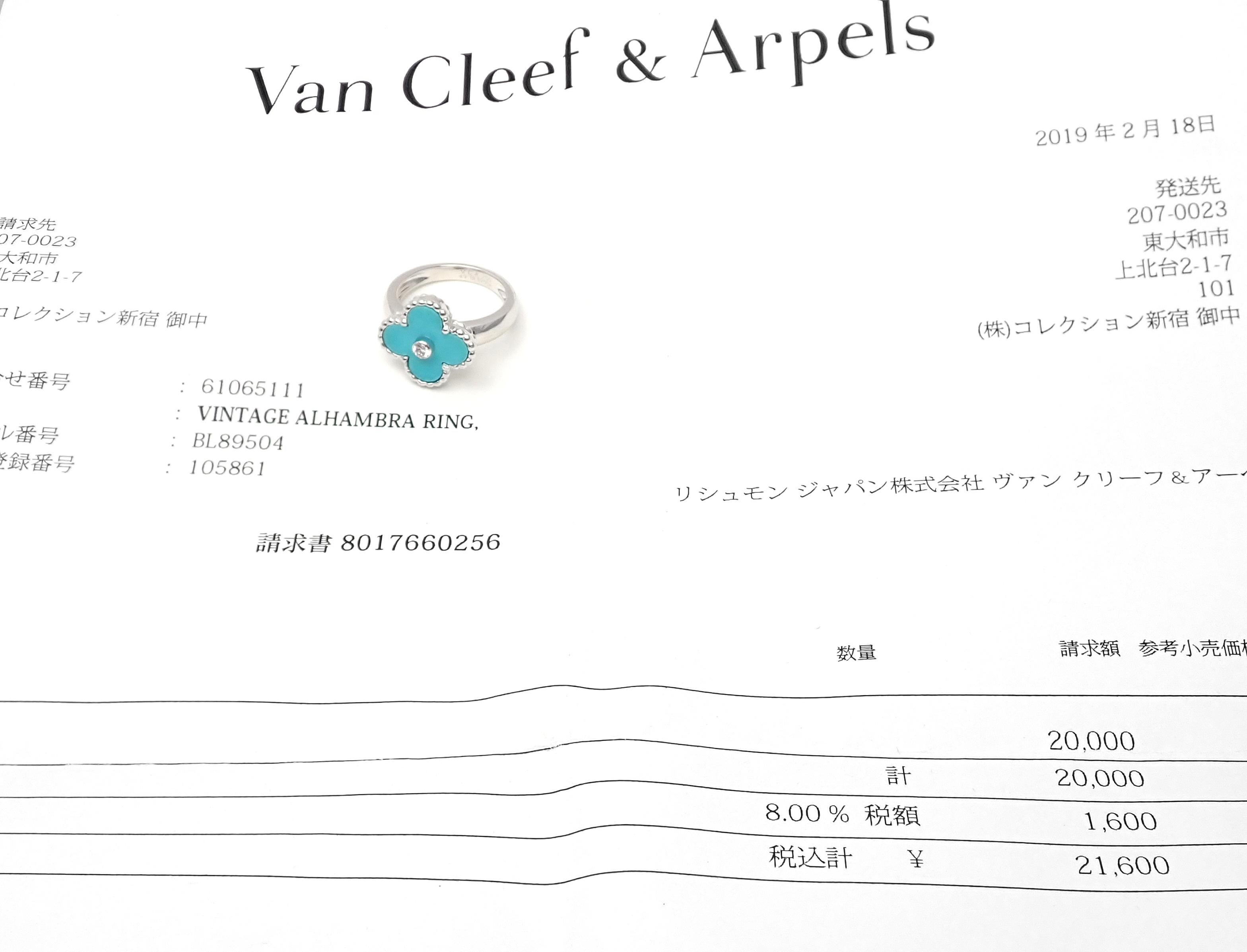 Van Cleef & Arpels Vintage Alhambra Diamond Turquoise White Gold Ring In Excellent Condition In Holland, PA