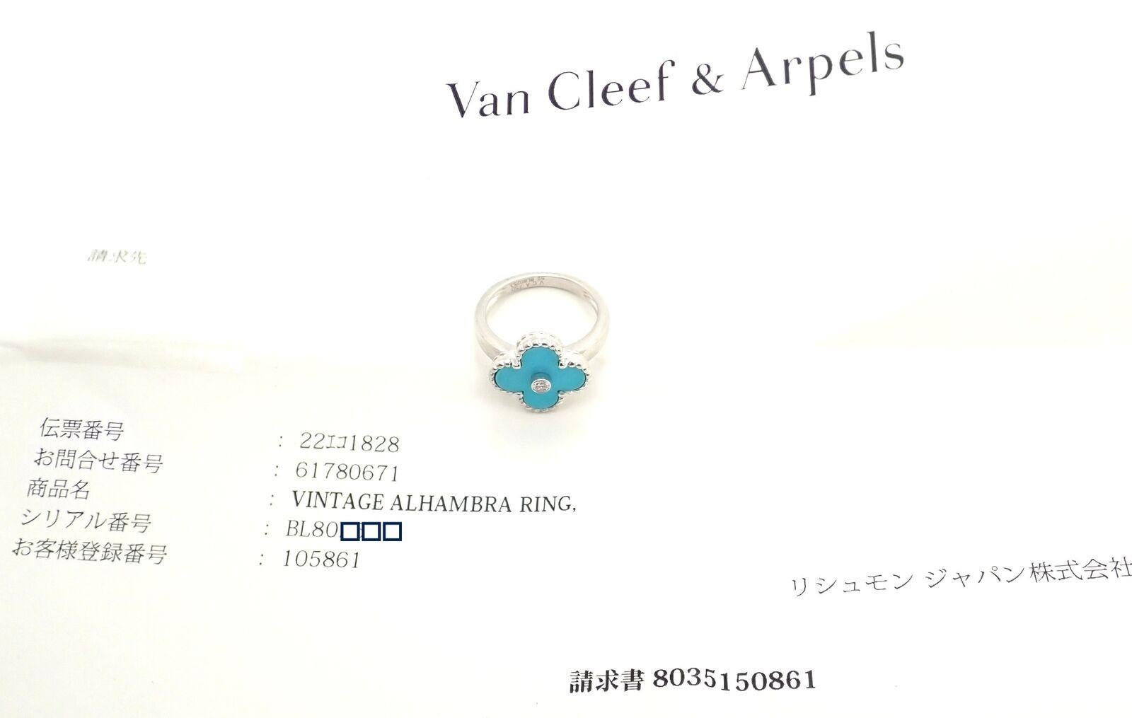 Taille brillant Van Cleef & Arpels, bague vintage Alhambra en or blanc et turquoise avec diamants en vente