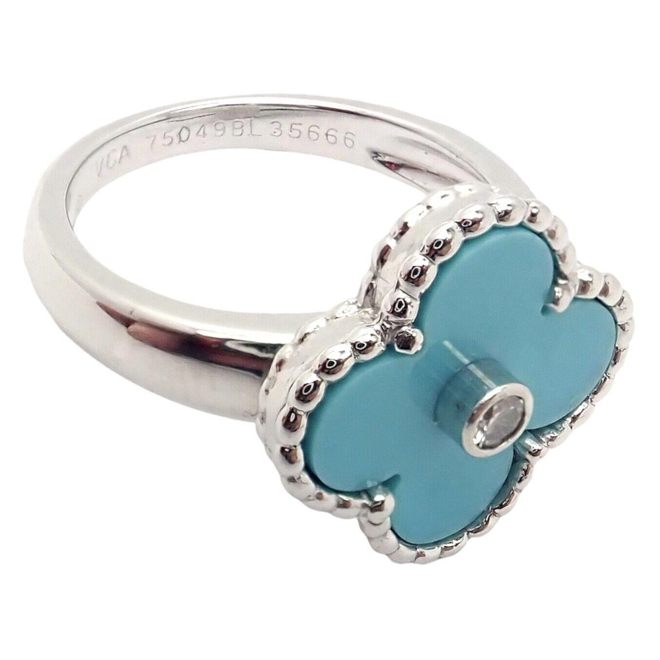 Brilliant Cut Van Cleef & Arpels Vintage Alhambra Diamond Turquoise White Gold Ring For Sale