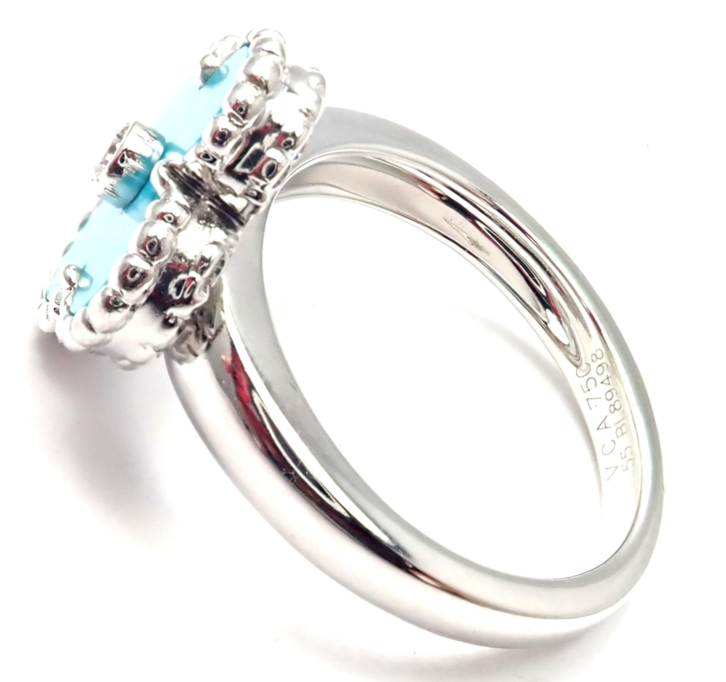 Women's or Men's Van Cleef & Arpels Vintage Alhambra Diamond Turquoise White Gold Ring