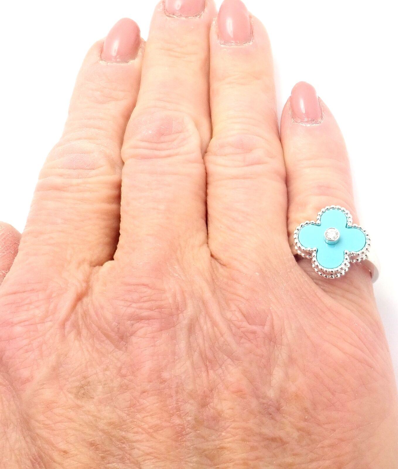 Van Cleef & Arpels Vintage Alhambra Diamond Turquoise White Gold Ring For Sale 1