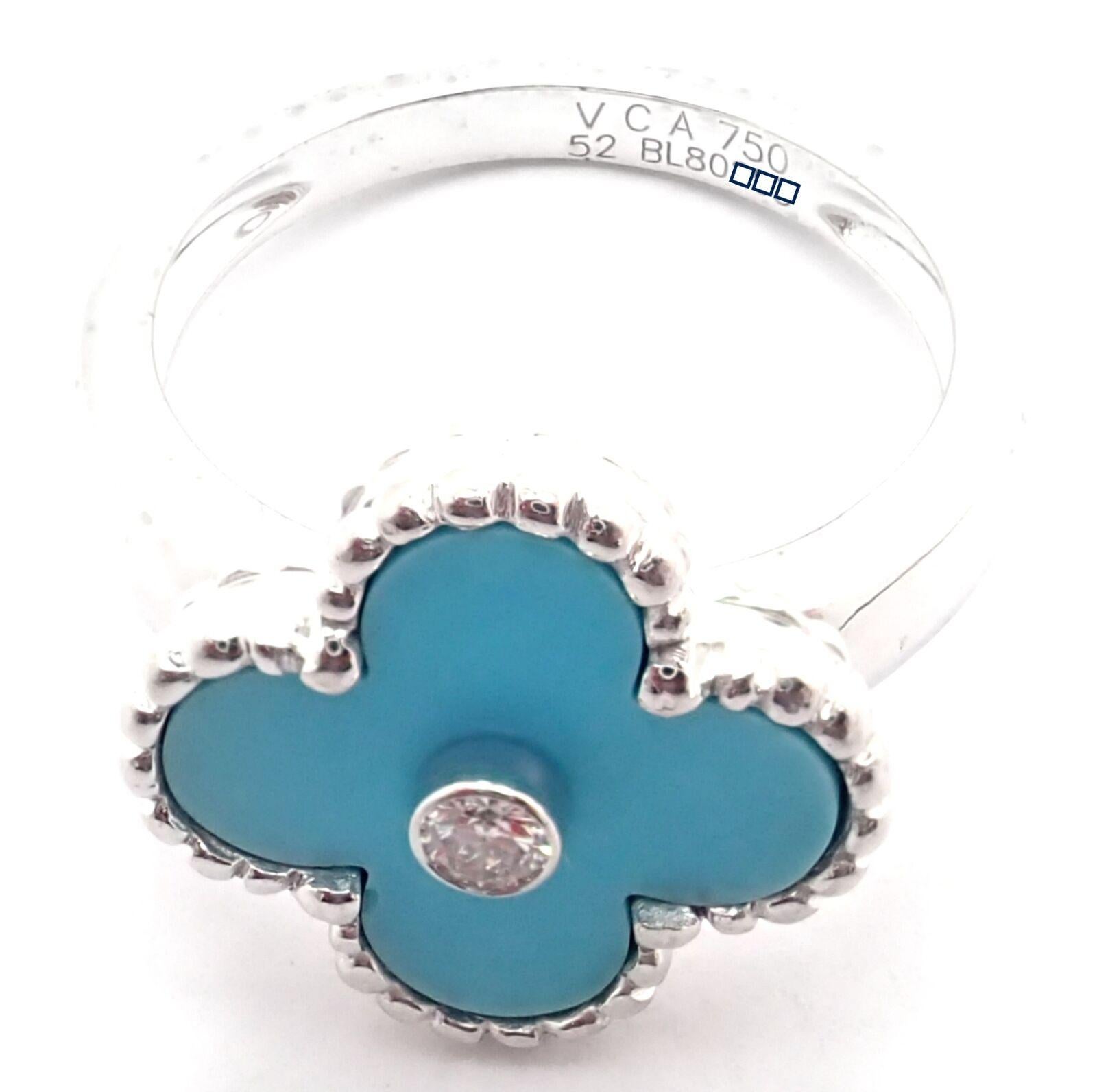 Van Cleef & Arpels Vintage Alhambra Diamond Turquoise White Gold Ring In Excellent Condition For Sale In Holland, PA