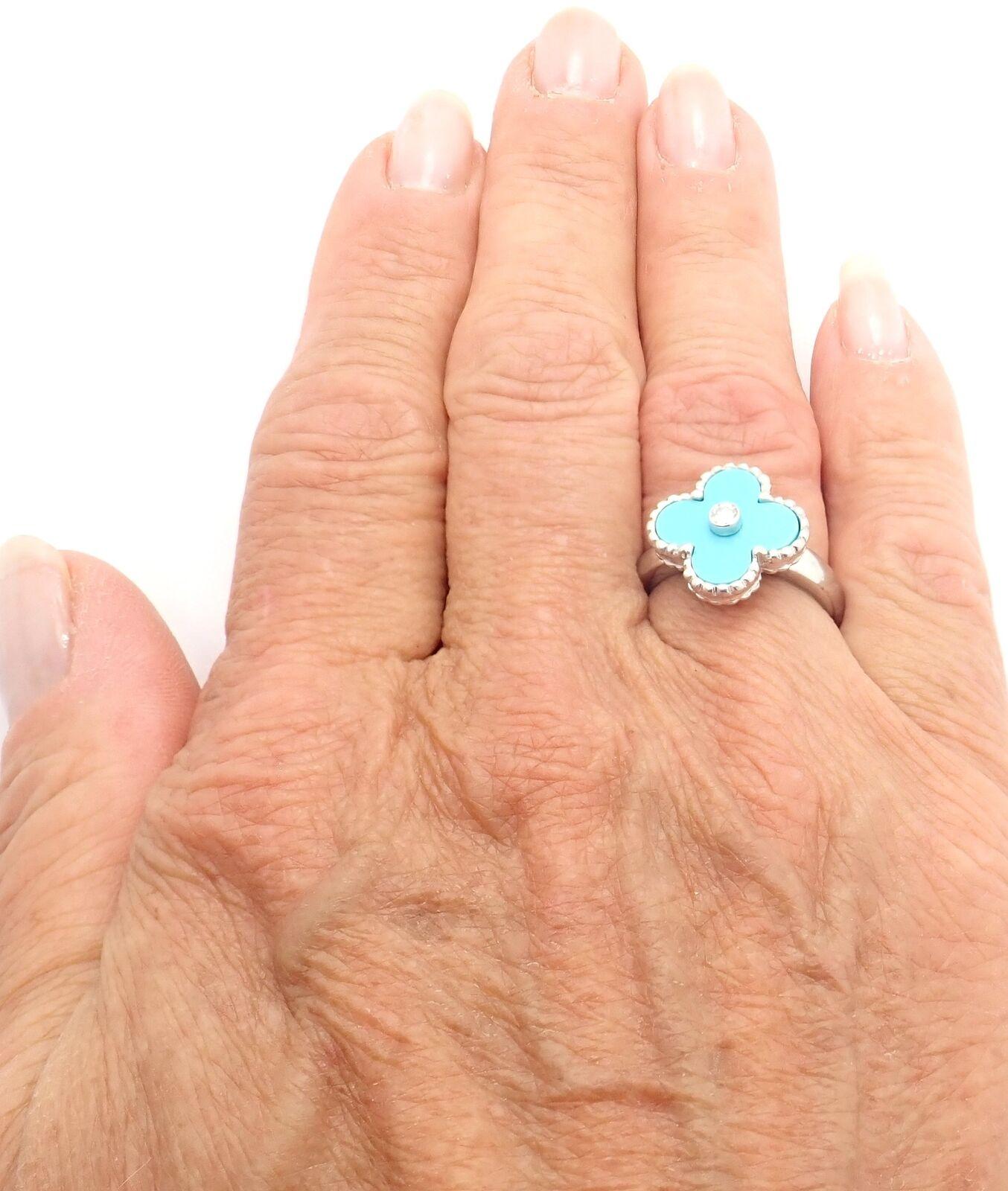 Women's or Men's Van Cleef & Arpels Vintage Alhambra Diamond Turquoise White Gold Ring For Sale