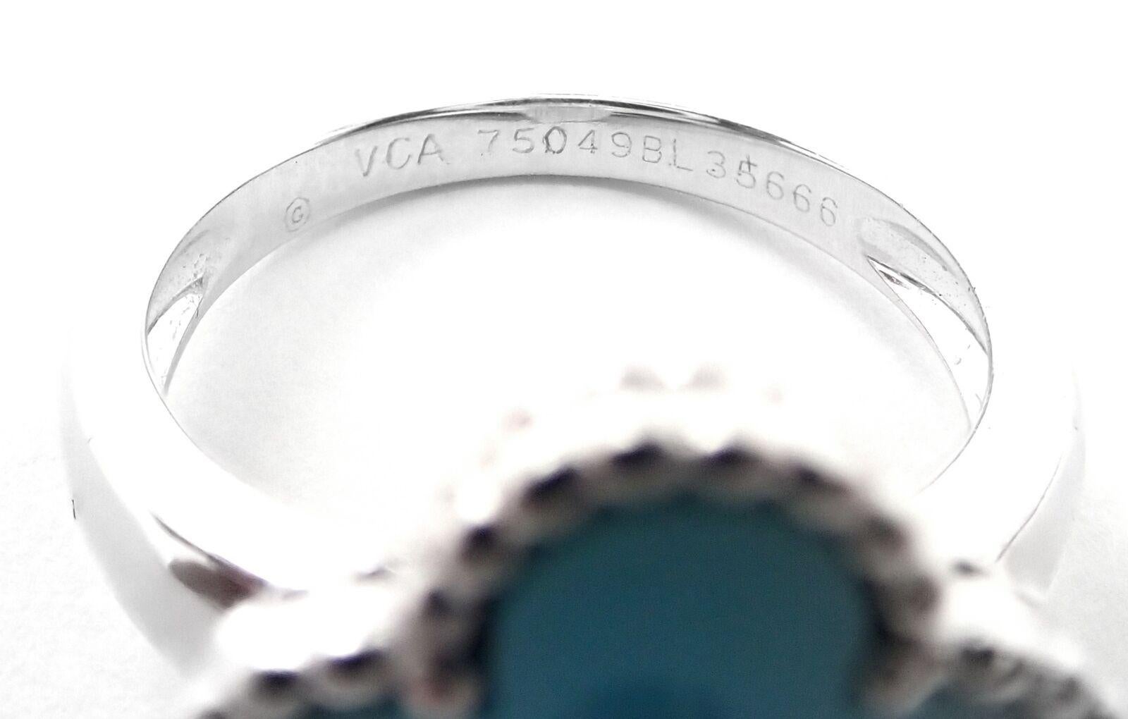 Van Cleef & Arpels Vintage Alhambra Diamond Turquoise White Gold Ring For Sale 3