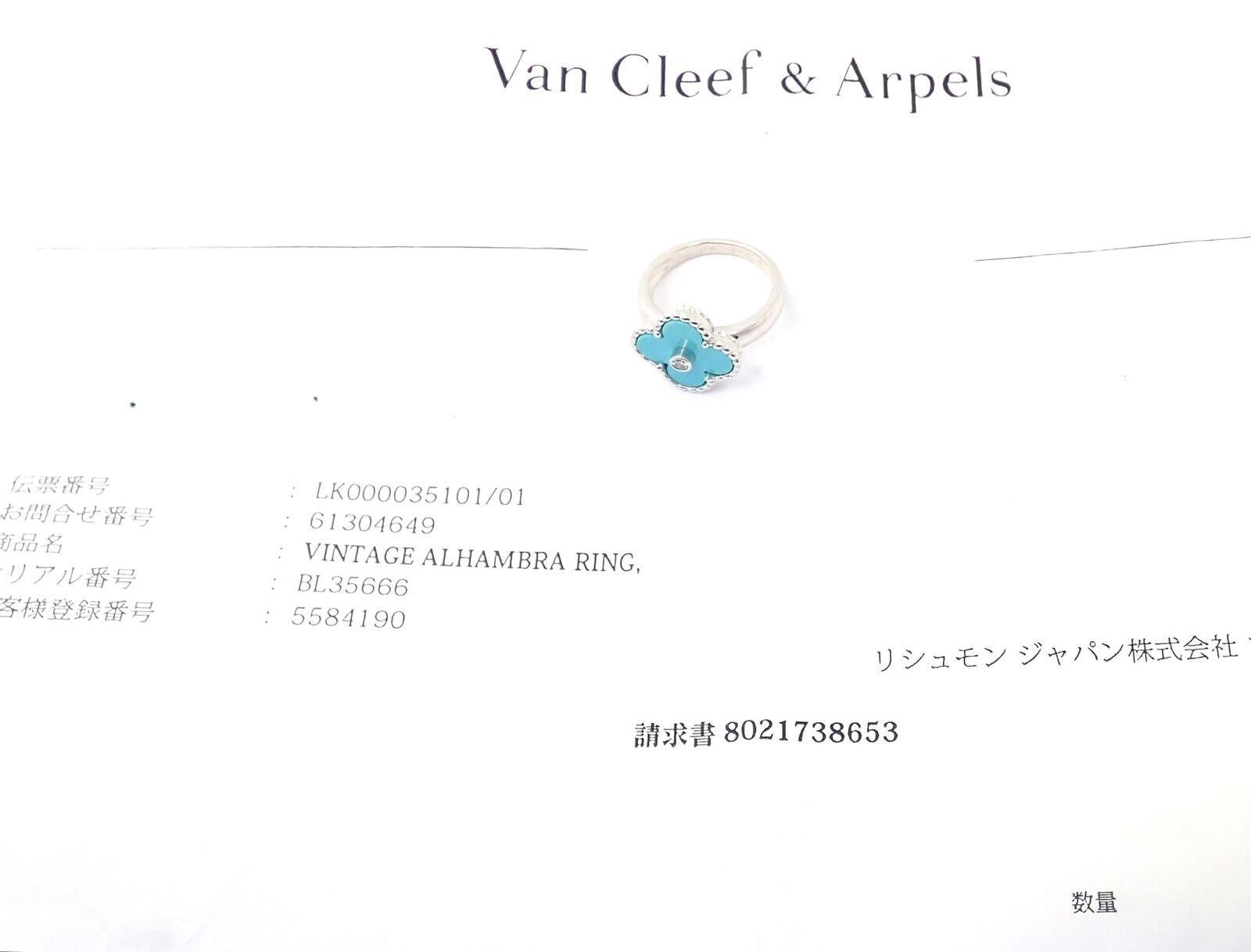 Van Cleef & Arpels Vintage Alhambra Diamond Turquoise White Gold Ring For Sale 4