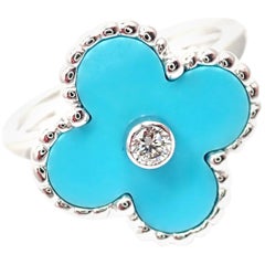 Van Cleef & Arpels Vintage Alhambra Diamond Turquoise White Gold Ring