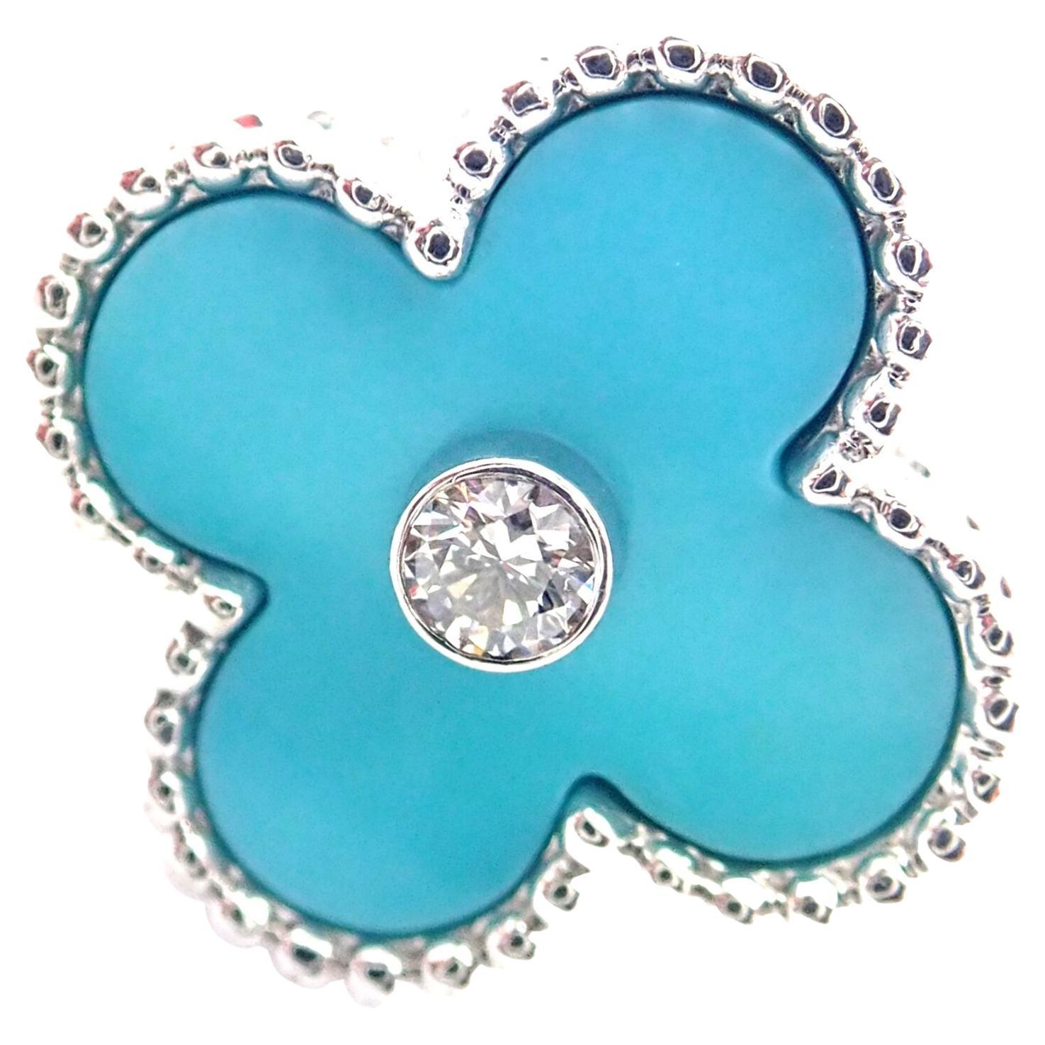 Van Cleef & Arpels Vintage Alhambra Diamond Turquoise White Gold Ring For Sale