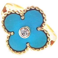 Van Cleef & Arpels Vintage Alhambra Diamond Turquoise Yellow Gold Ring