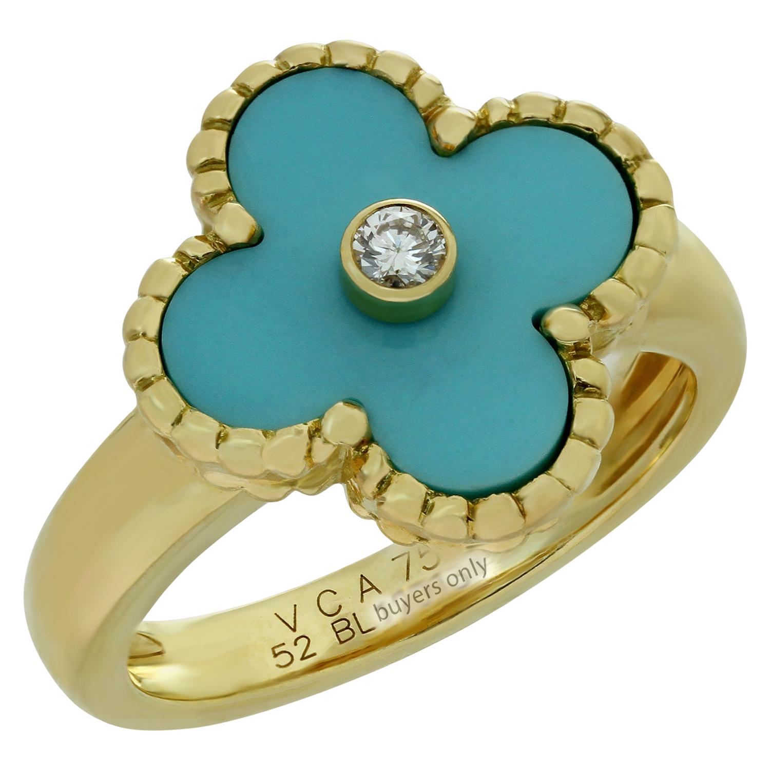 Van Cleef & Arpels Vintage Alhambra Diamond Turquoise Yellow Gold Ring
