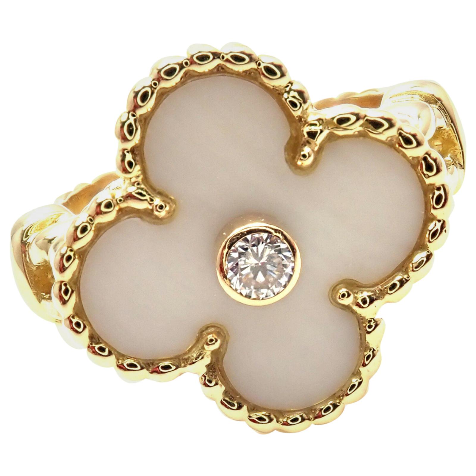 Van Cleef & Arpels Vintage Alhambra Diamond White Coral Yellow Gold Ring
