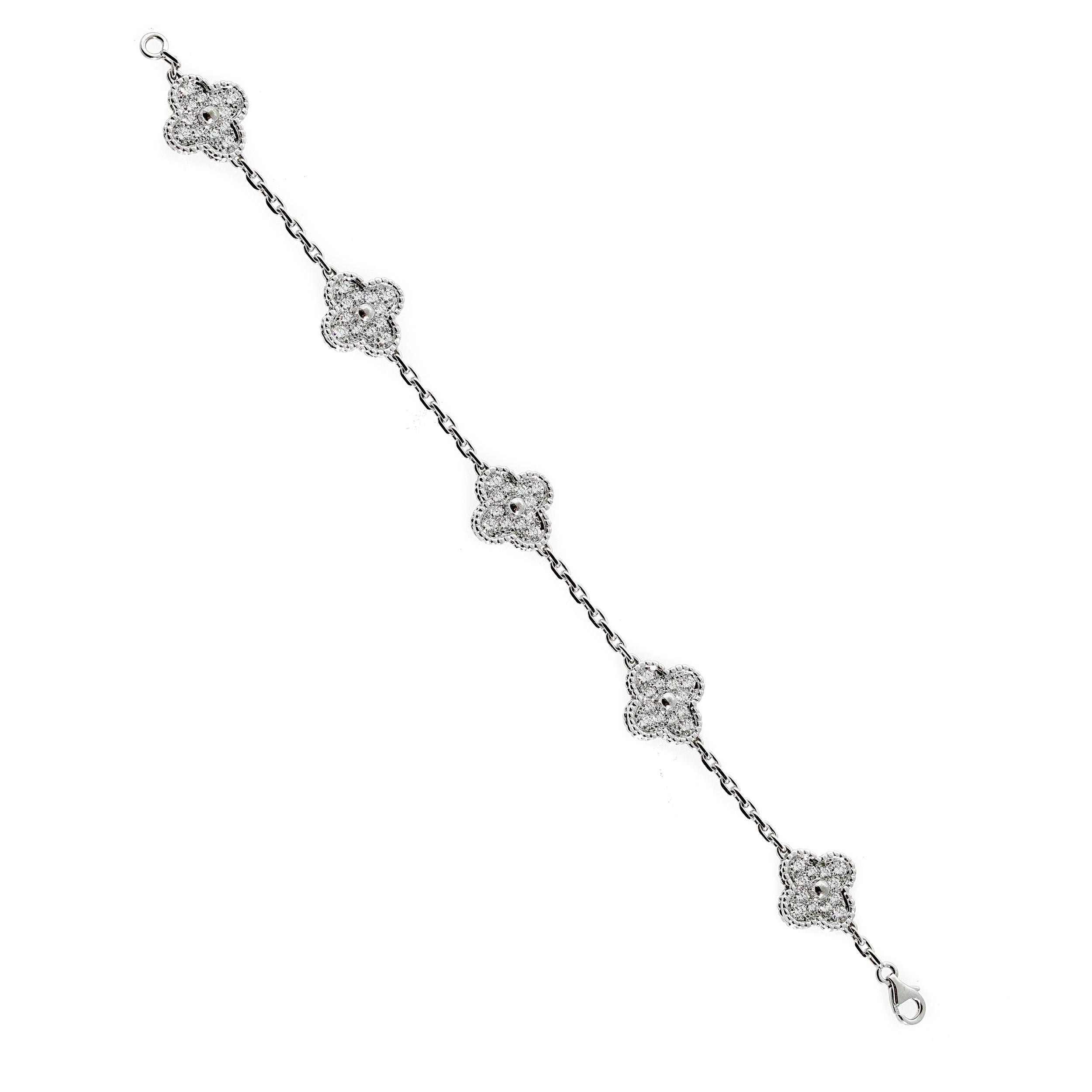 An iconic Van Cleef & Arples Vintage Alhambra bracelet adorned with round brilliant cut diamonds, The bracelet has a total ct weight of 2.42ct in the finest original Van Cleef & Arpel diamonds.