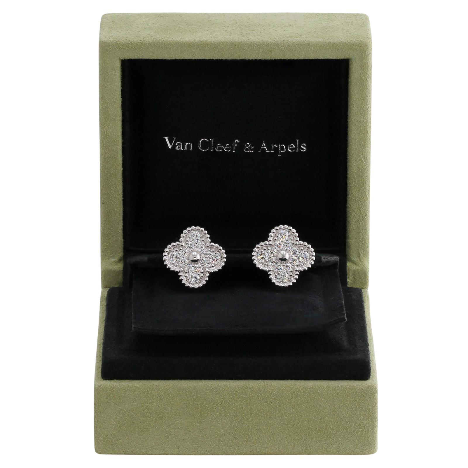 VAN CLEEF & ARPELS Vintage Alhambra Diamant Weißgold Ohrringe Box Papiere (Brillantschliff)