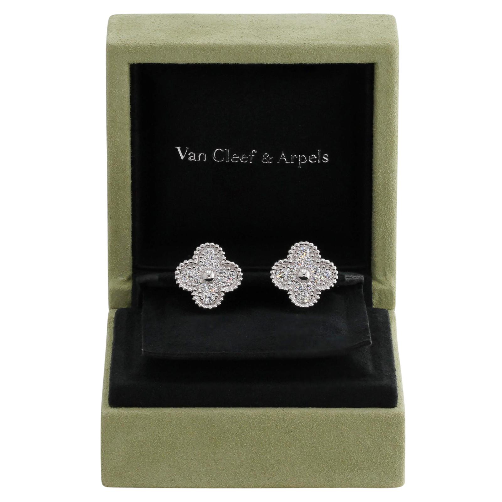 Brilliant Cut VAN CLEEF & ARPELS Vintage Alhambra Diamond White Gold Earrings Box Papers  For Sale