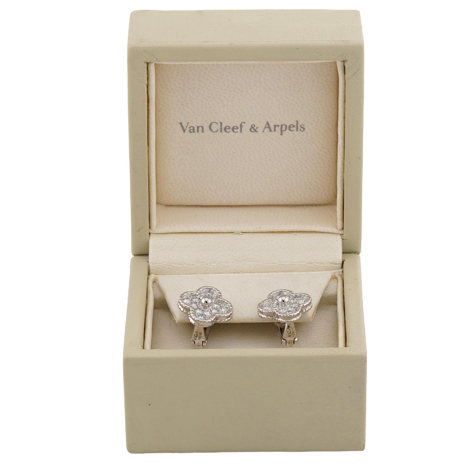Brilliant Cut VAN CLEEF & ARPELS Vintage Alhambra Diamond White Gold Earrings For Sale