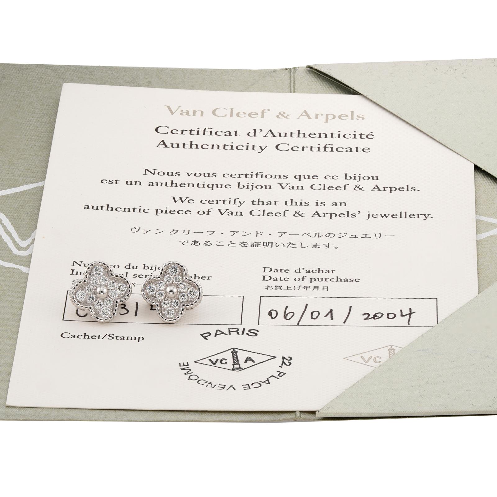 VAN CLEEF & ARPELS Vintage Alhambra Diamond White Gold Earrings In Excellent Condition For Sale In New York, NY