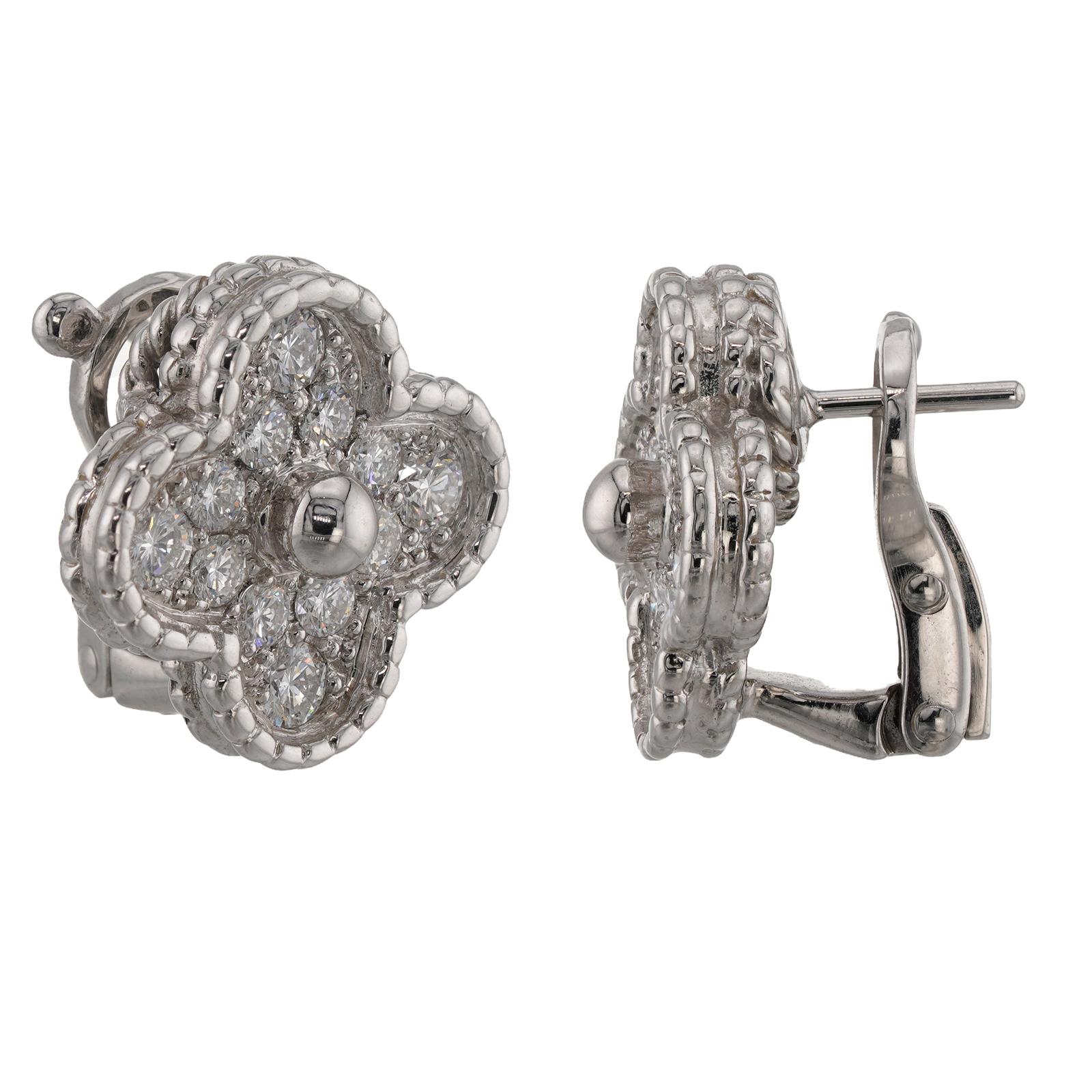 VAN CLEEF & ARPELS Vintage Alhambra Diamond White Gold Earrings For Sale 2