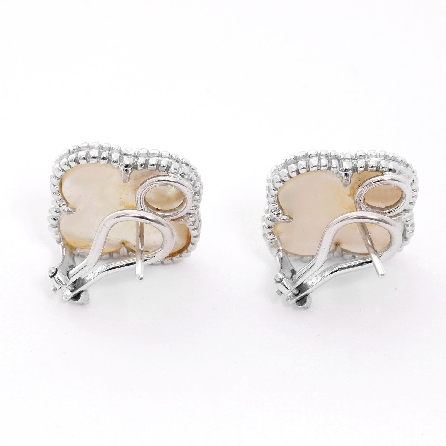 Van Cleef & Arpels Vintage Alhambra Earrings  - White gold Van Cleef & Arpels iconic clover motif. White Mother of Pearl set with round beaded outlines. Total weight 7.7 grams. 18 mm length. 