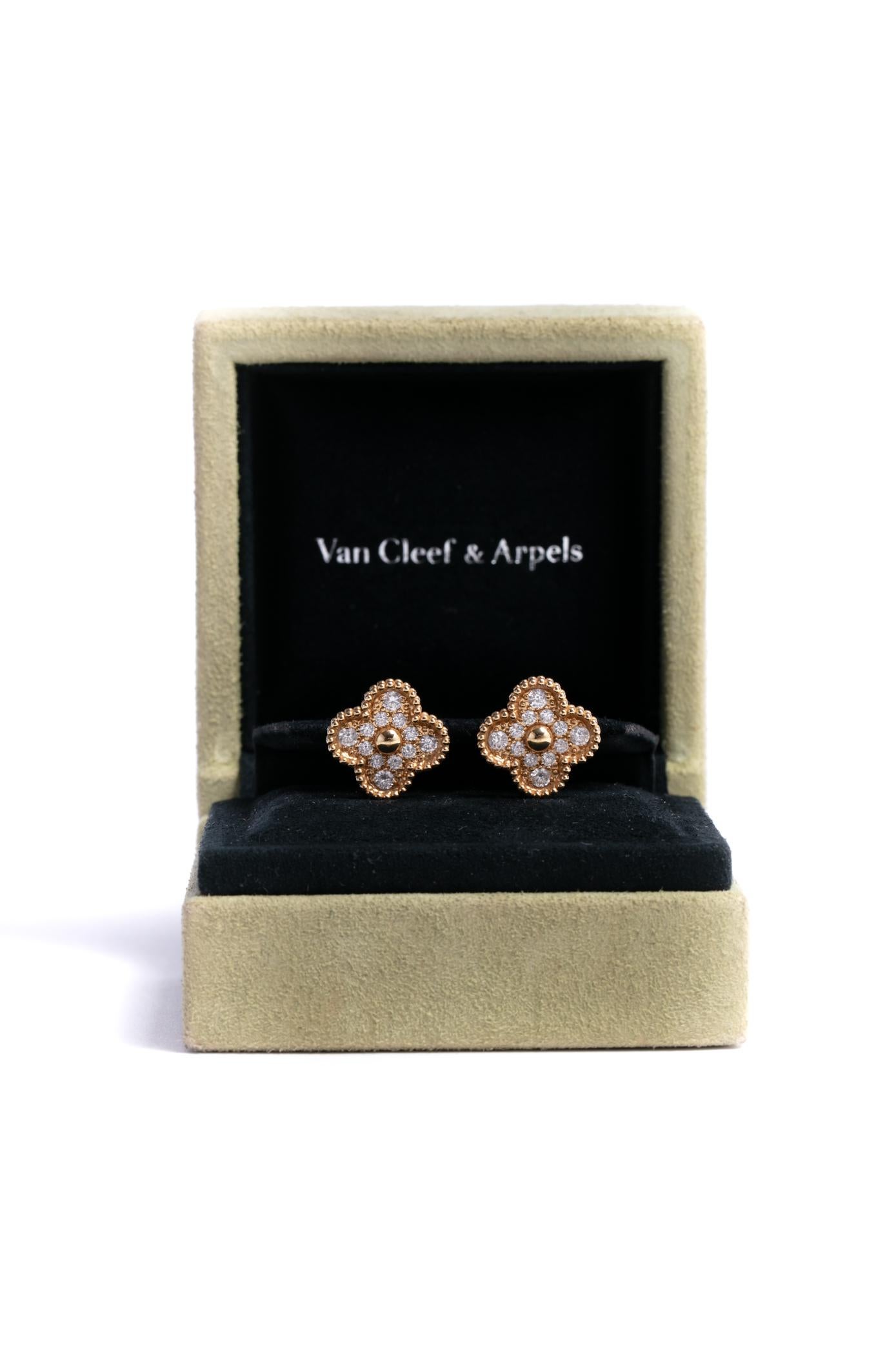 Van Cleef & Arpels classic vintage Alhambra earrings in 18kt yellow gold accented with 24 individual diamonds DEF in color and IF - VVS in clarity. These classic earrings also feature omega backs with removable post
These timeless earrings come with