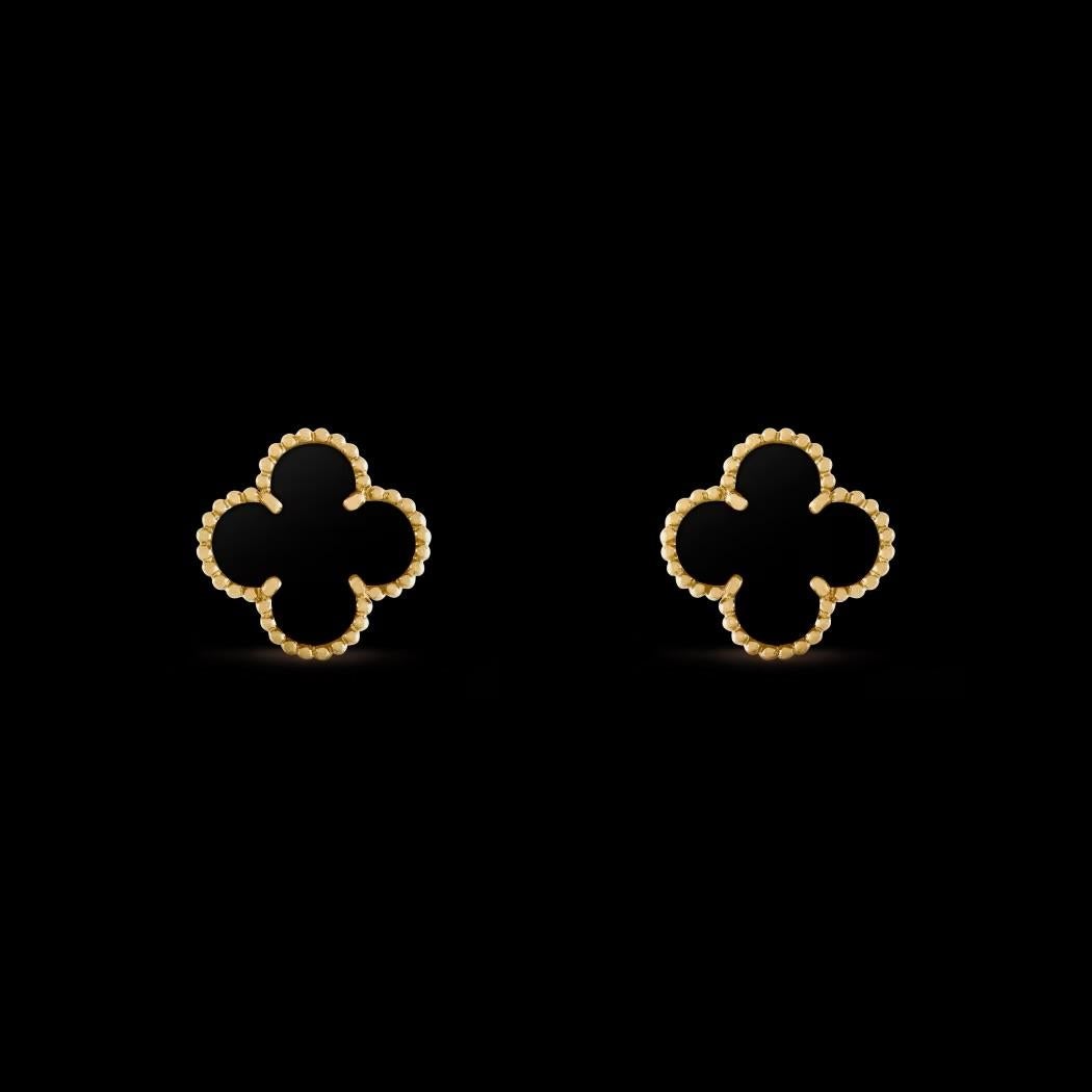 Women's or Men's Van Cleef & Arpels Vintage Alhambra Earrings in Onyx Yellow Gold For Sale